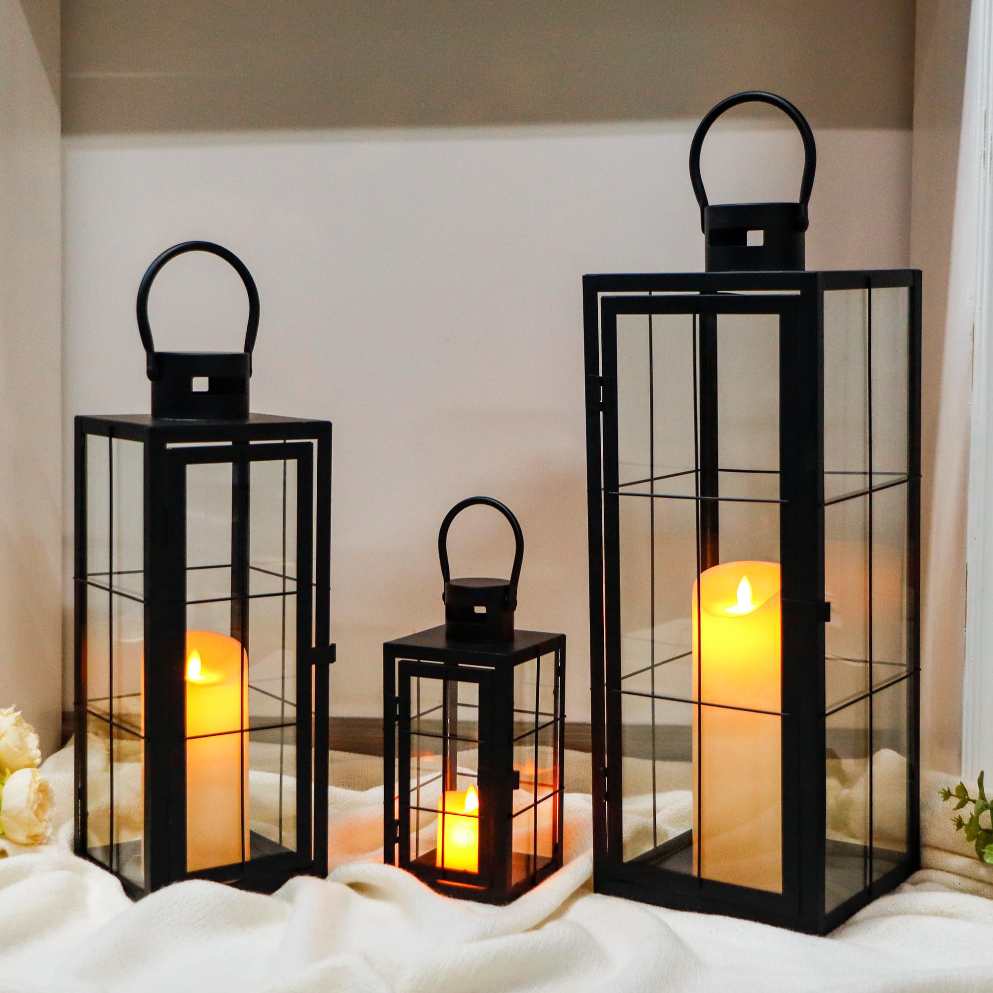 Metal Candle Lantern Set of 3 - Black Decorative Hanging Lanterns