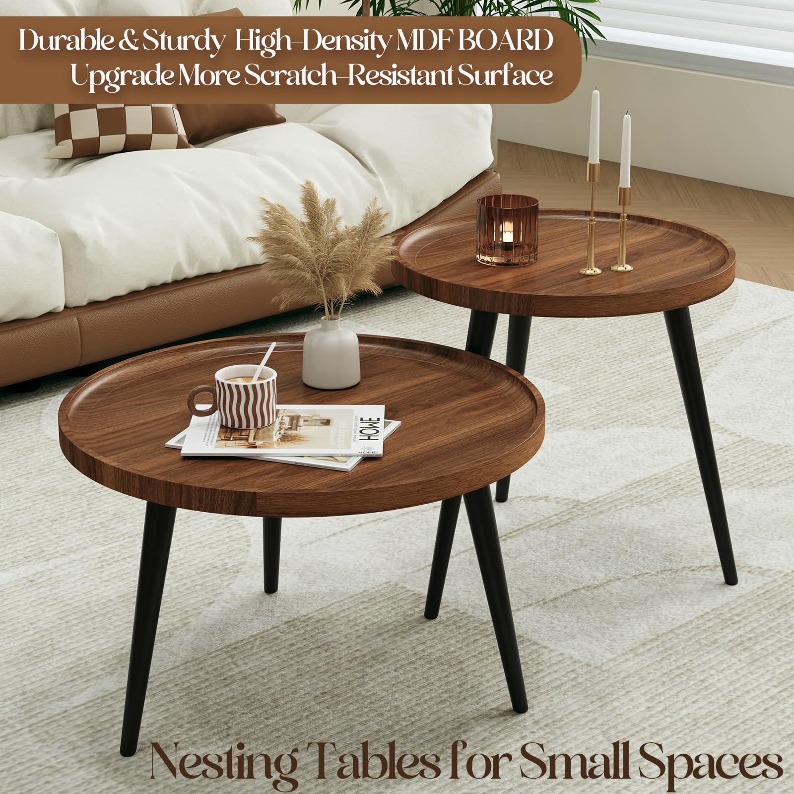 2-Piece Round Nesting Coffee Table Set - Mid Century Modern Walnut