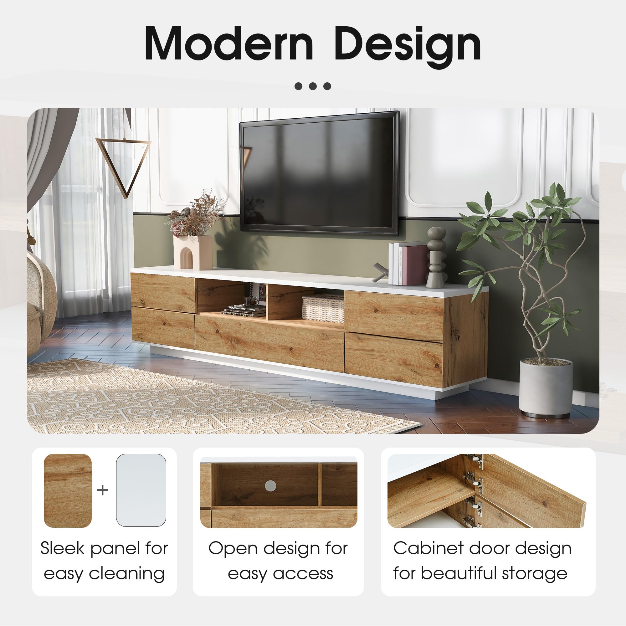 Wood TV Stand Entertainment Center with Storage Cabinets