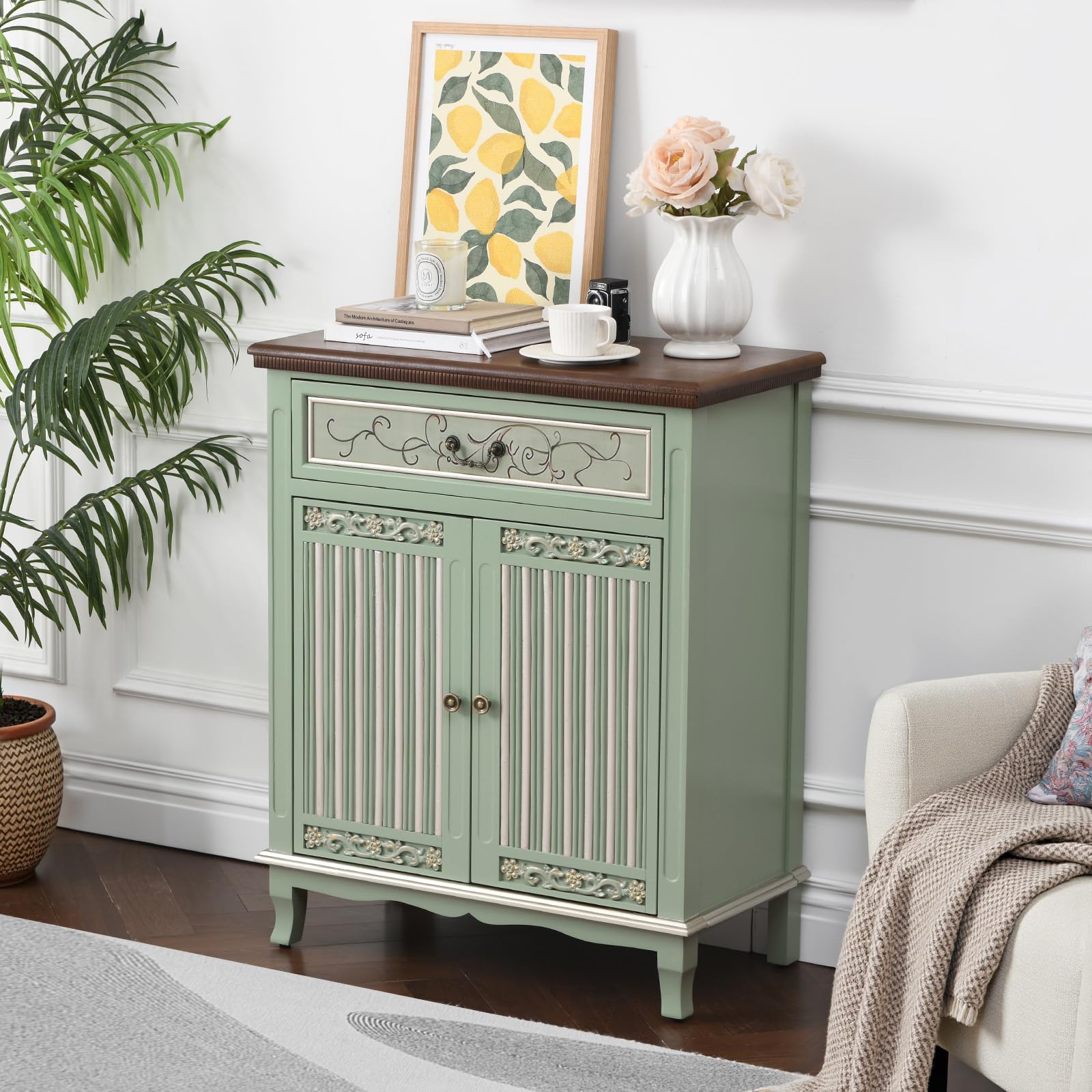 Vintage Green Accent Cabinet with Textured Doors