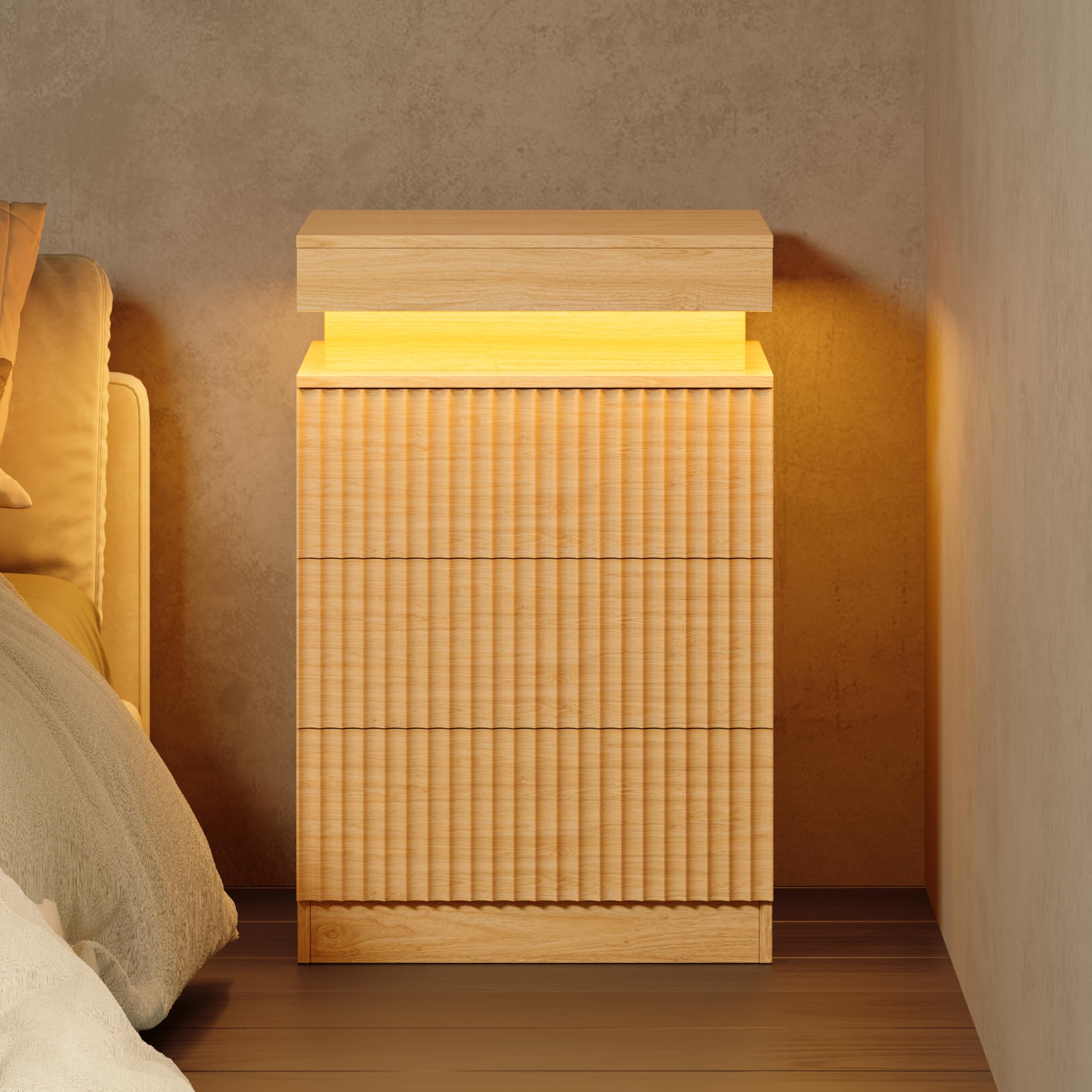 Mid Century Modern Nightstand with LED Light and Charging Station