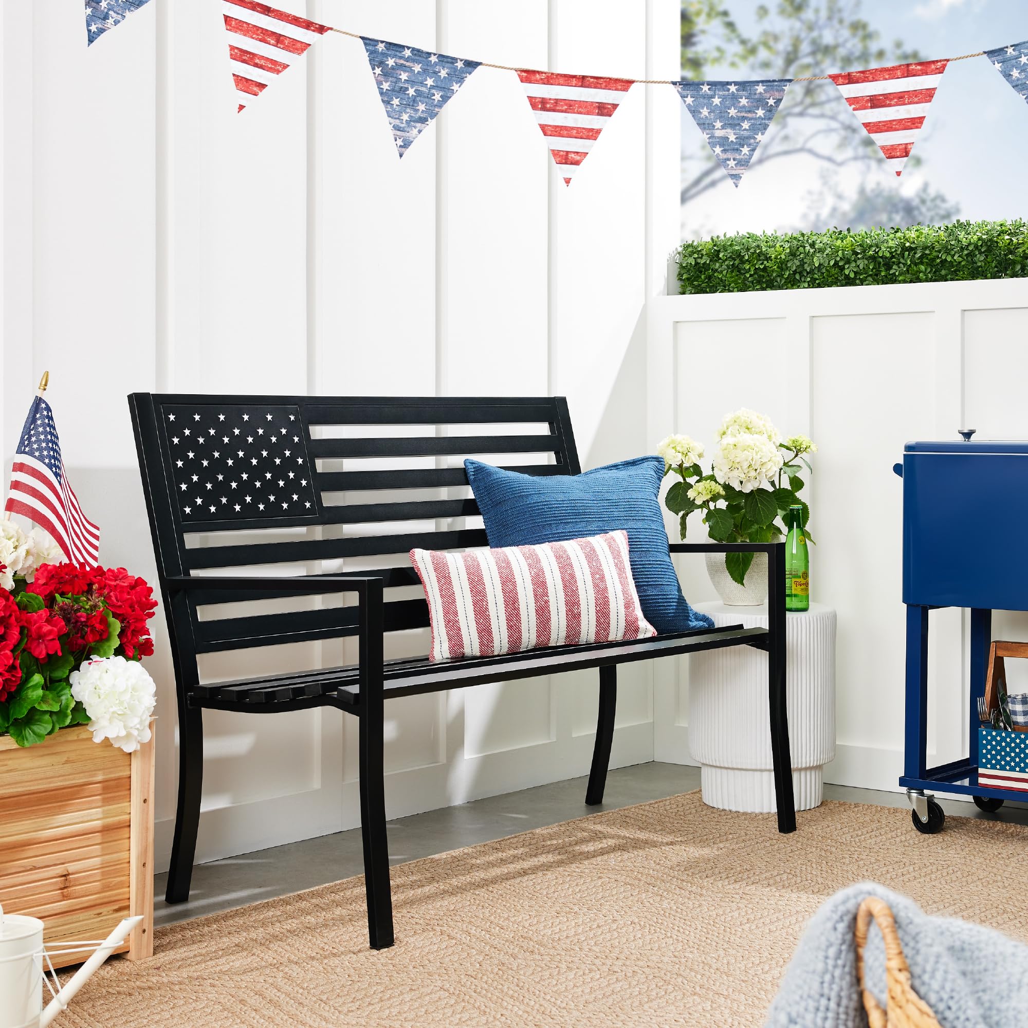 2-Person Steel Outdoor Bench with American Flag Design