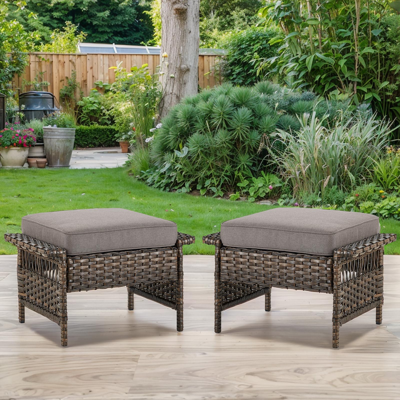 Outdoor Wicker Ottoman Set with Cushions