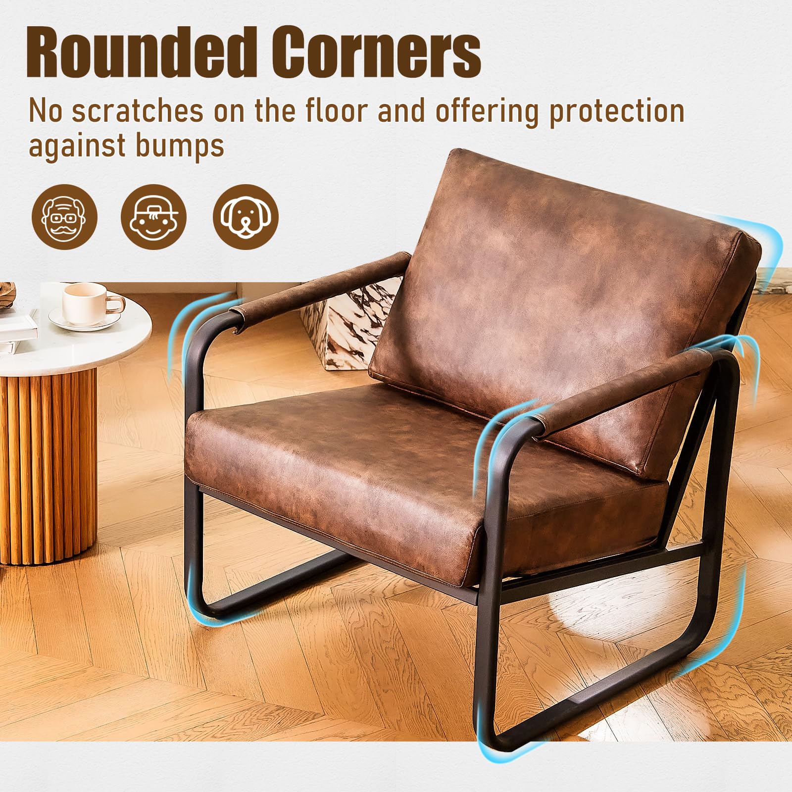 Mid-Century Modern Accent Chair Set of 2 - Faux Leather Armchair with Cushion