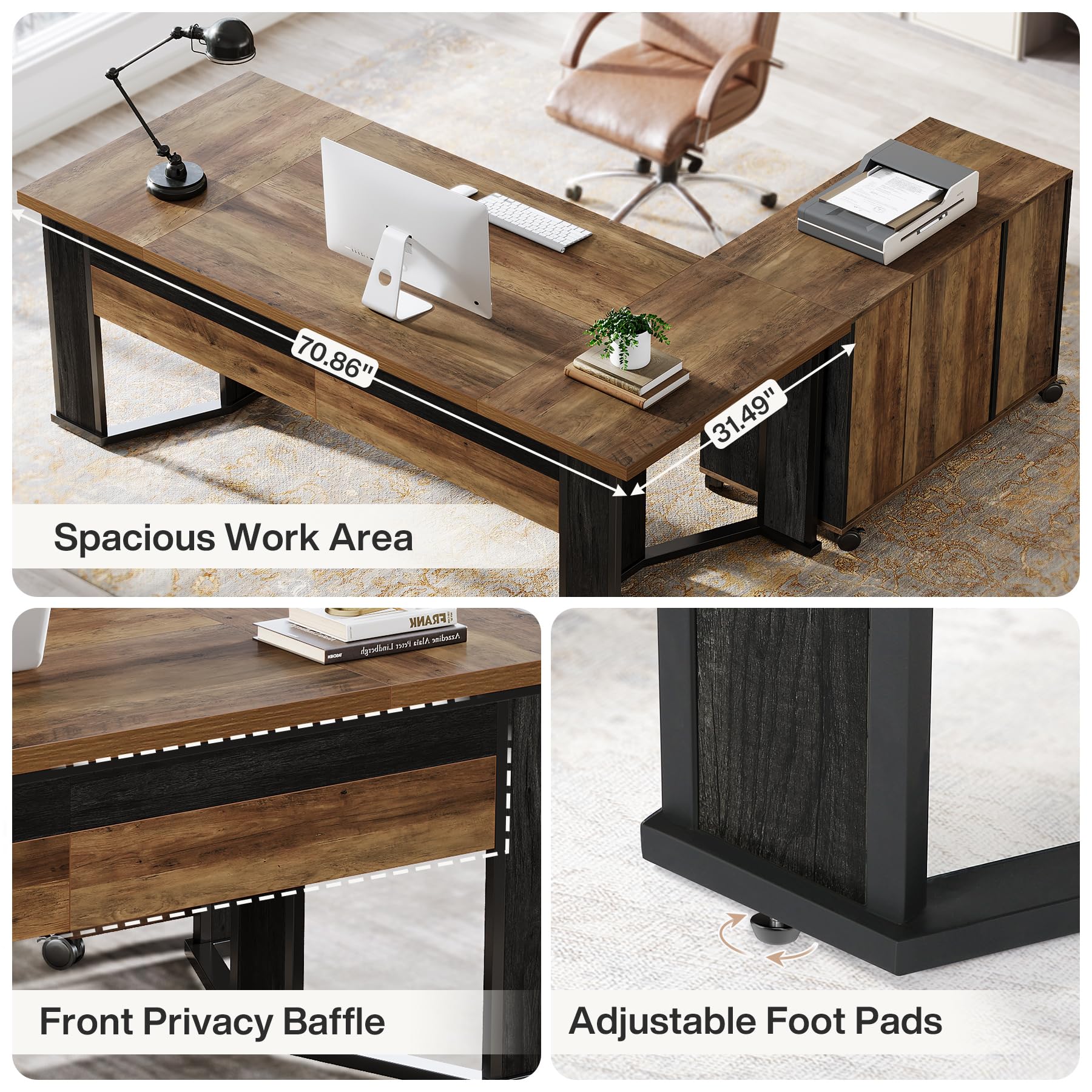 70.86" L-Shaped Executive Desk with Mobile File Cabinet