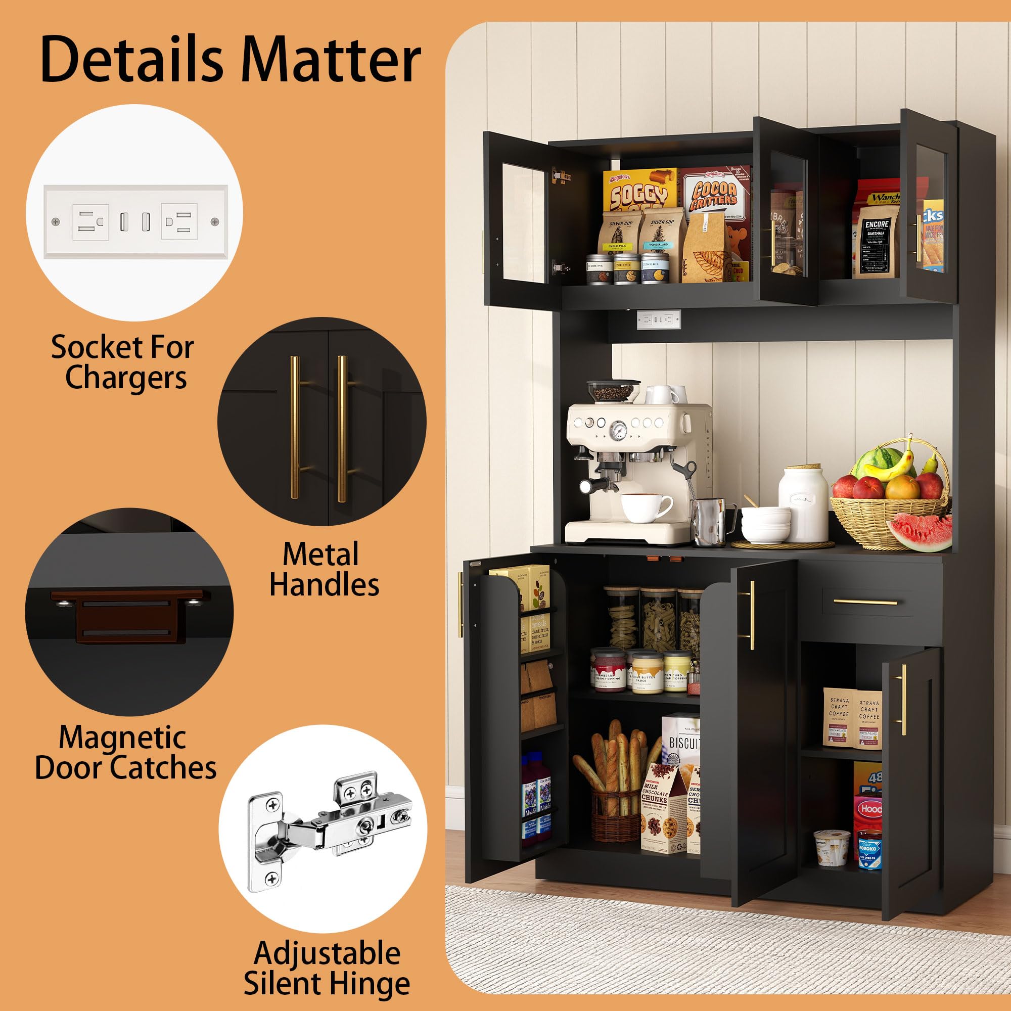 Tall Kitchen Pantry Cabinet with Hutch
