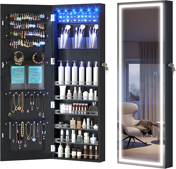 LED Mirror Jewelry Cabinet with Wall/Door Mount