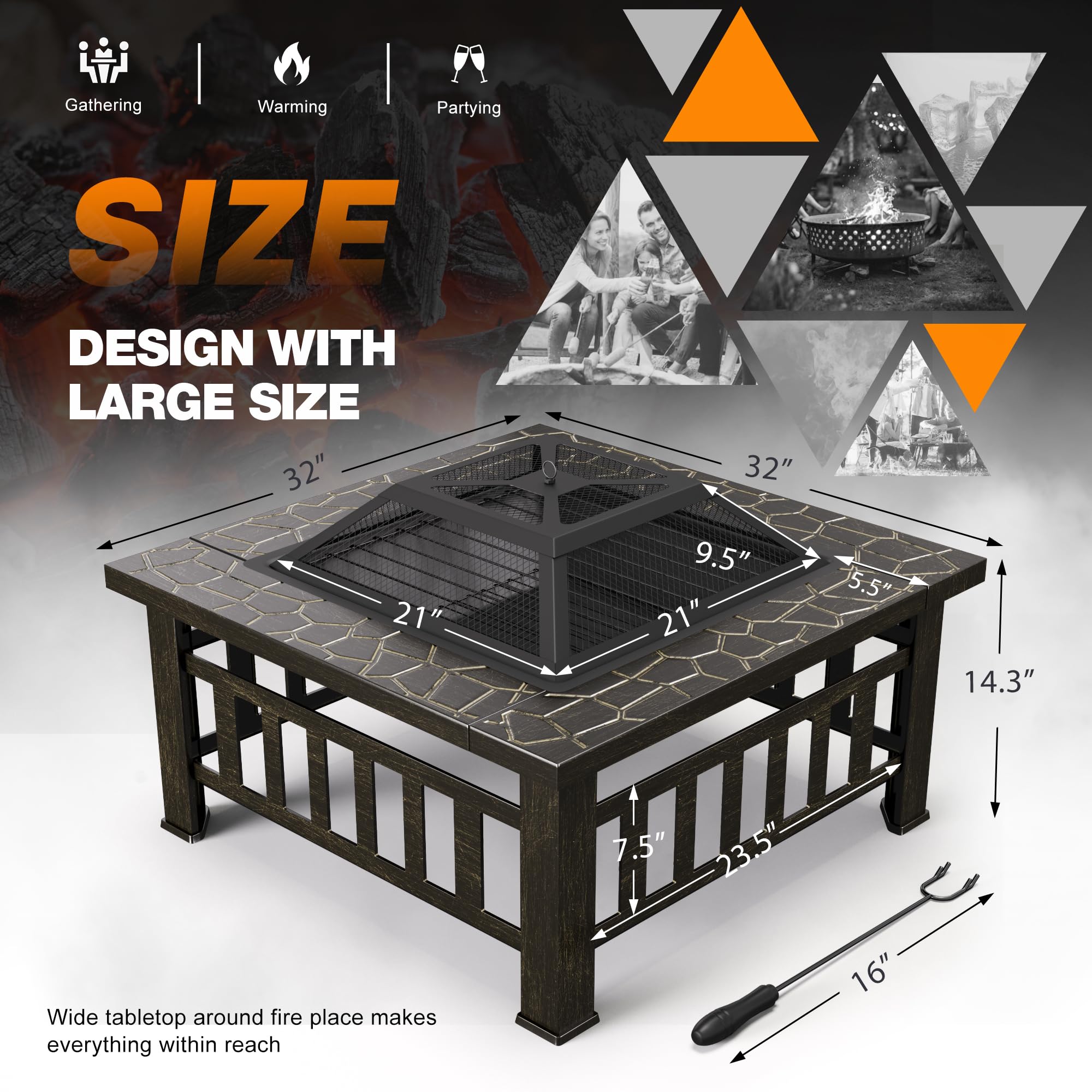 32 Inch Square Outdoor Fire Pit with Waterproof Cover