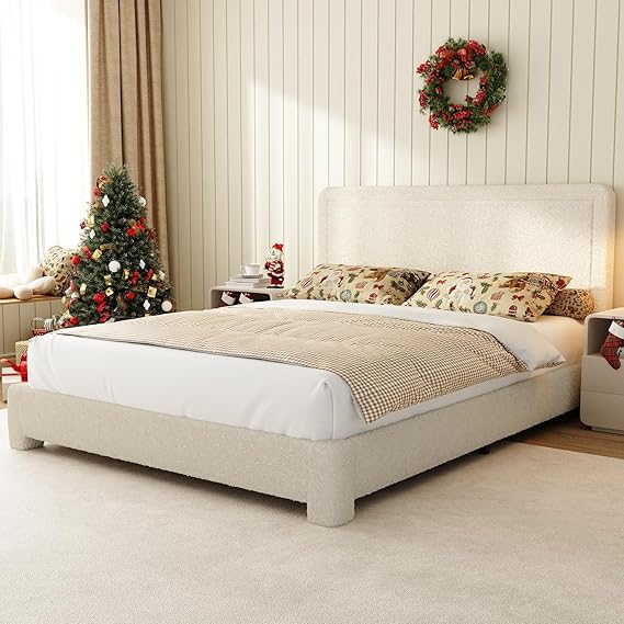 Full Size Boucle Upholstered Bed Frame with Adjustable Headboard