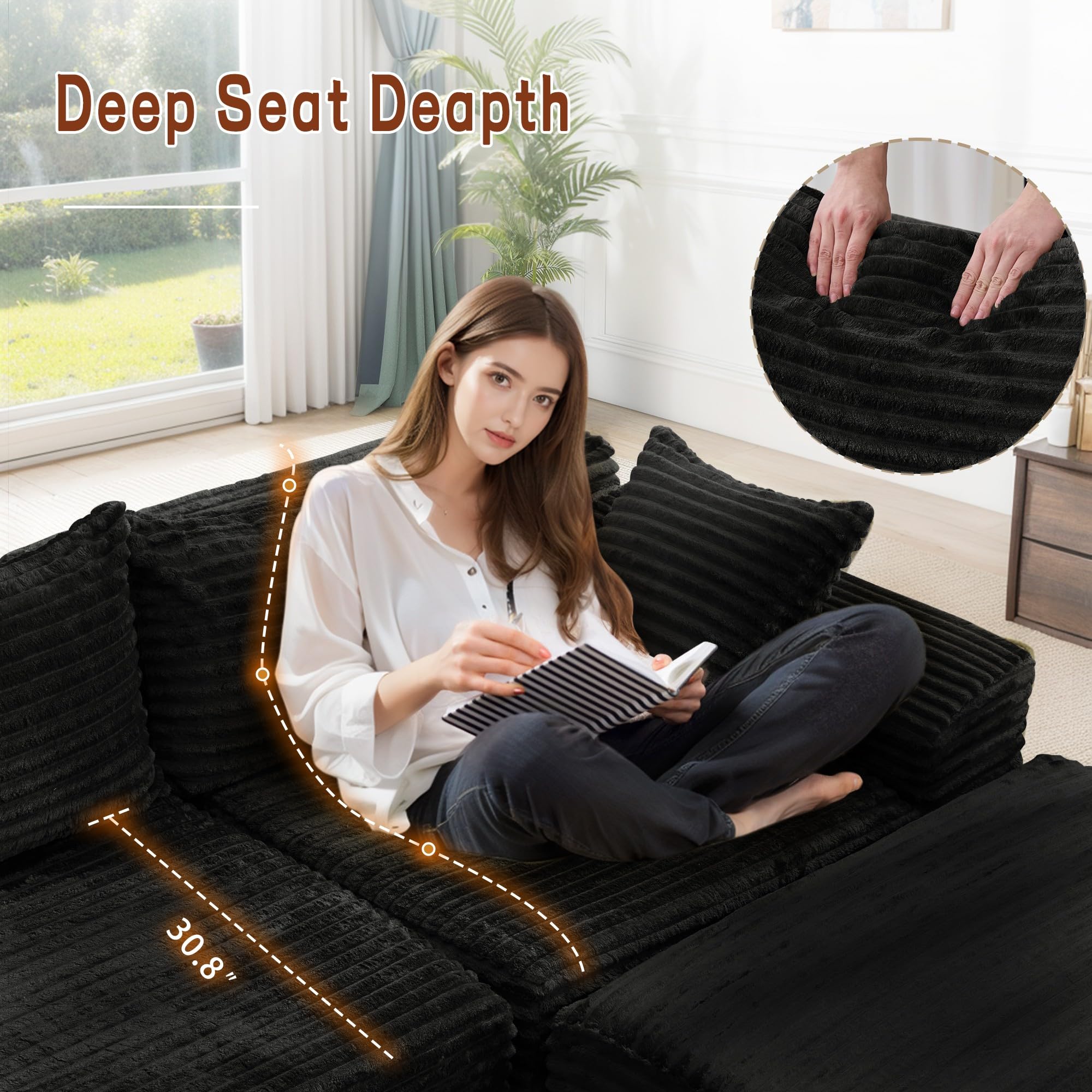 Korser 110" L-Shaped Modular Sectional Sofa with Chaise, Boneless Comfy Corduroy Fluffy Couch with Deep Seat and Side Pockets, Flexible Module Combination for Living Room, No Assembly, Side Pockets