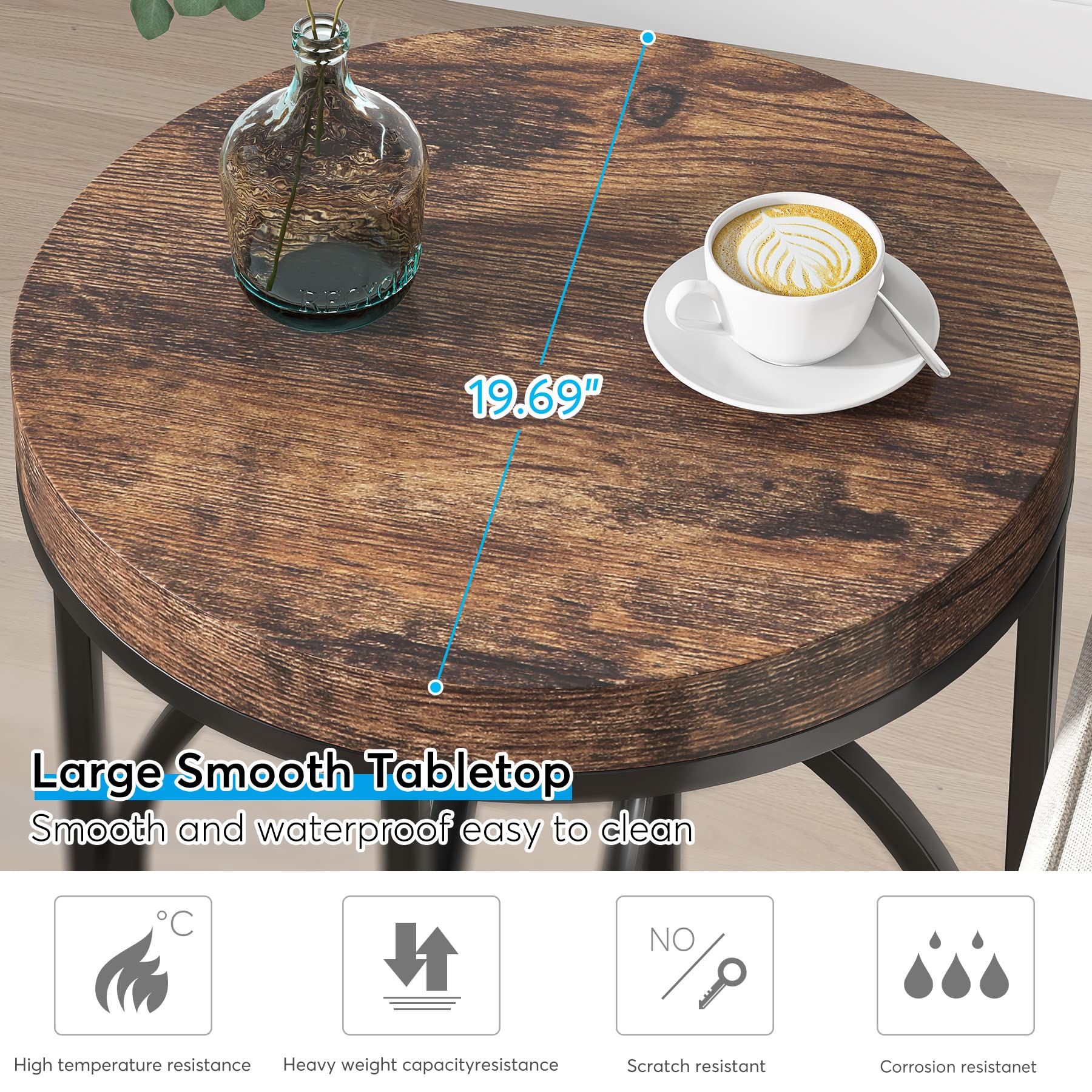Round Industrial End Table with Metal Frame