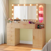 Fluted Makeup Vanity Desk with Large Mirror and Lights