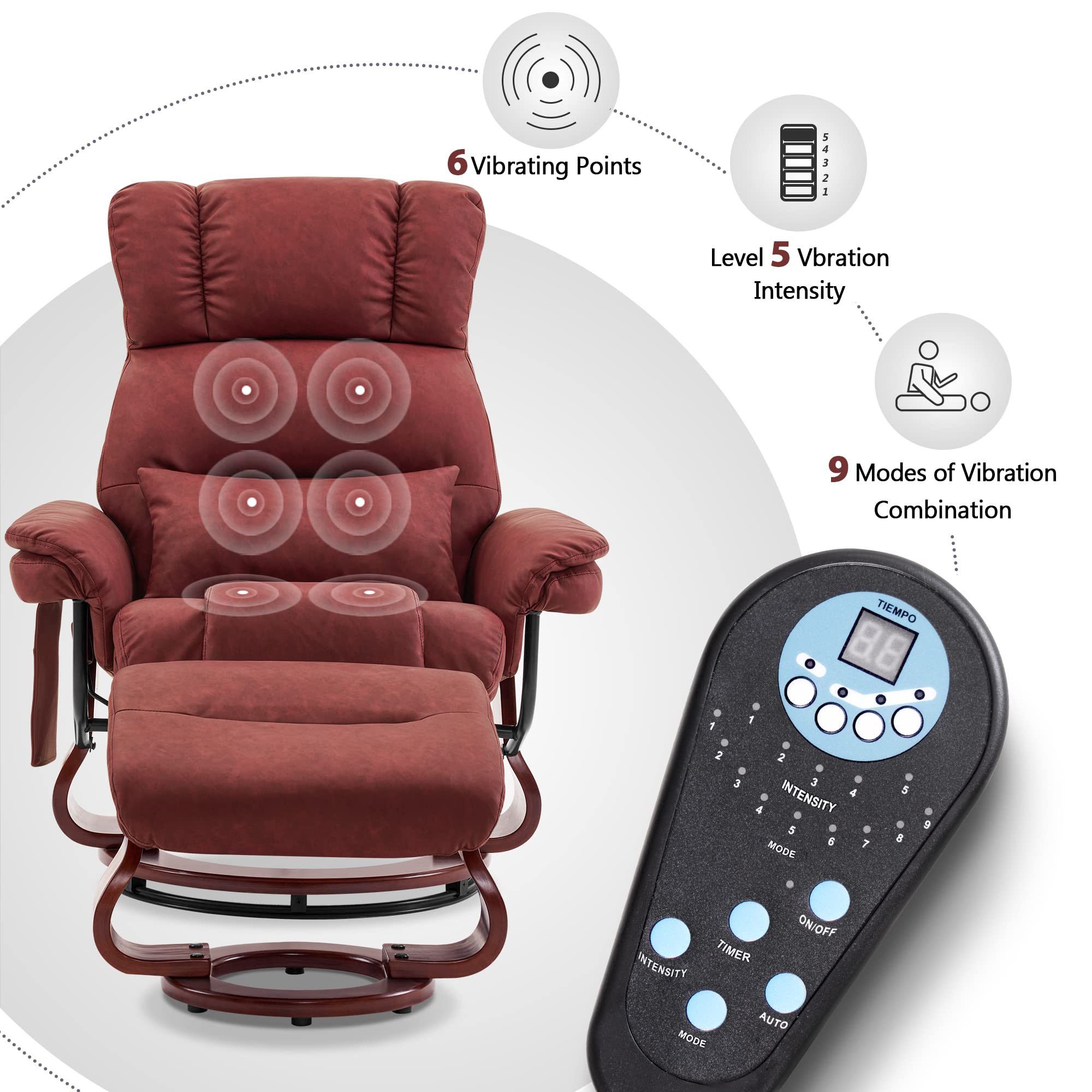 MCombo Swivel Recliners with Ottoman, Reclining TV Chairs with Vibration Massage, Faux Leather Ergonomic Lounge Chair for Living Room Bedroom 4832 (Burgundy)