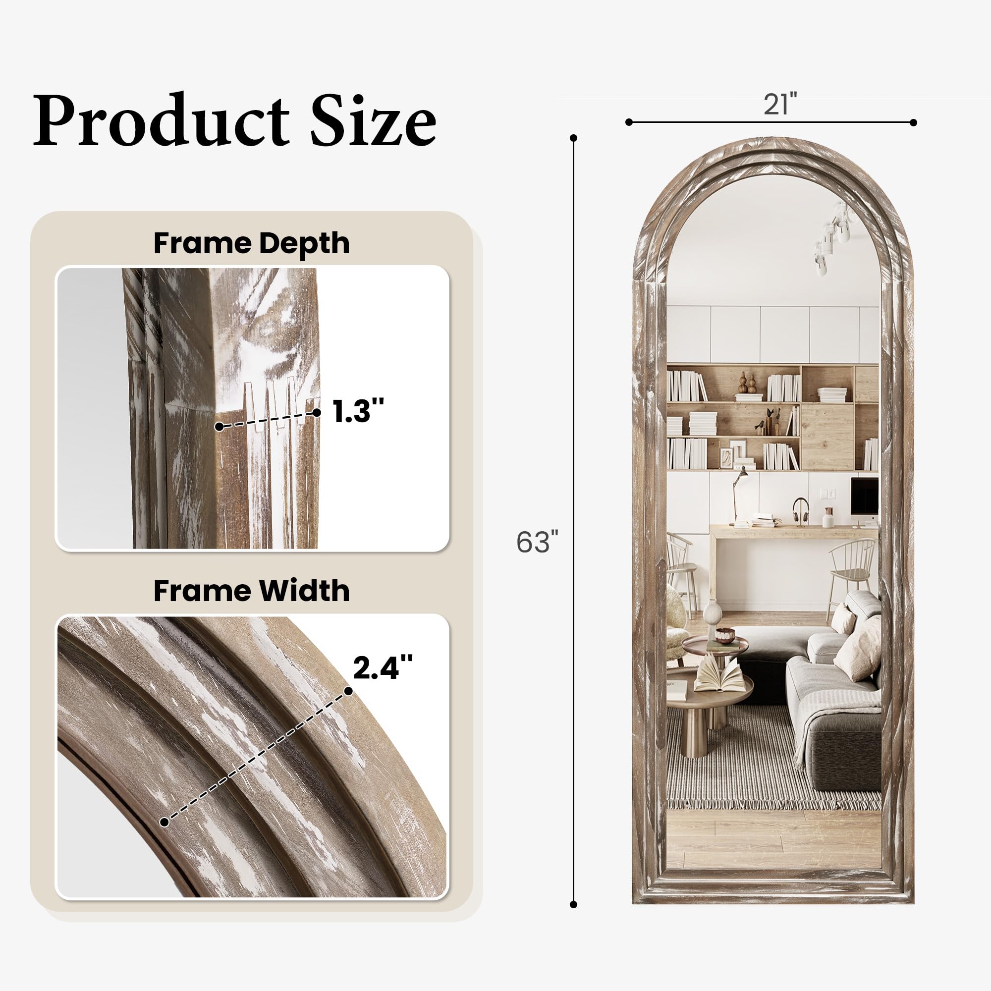 Arched Full Length Floor Mirror 63x21 Rustic White