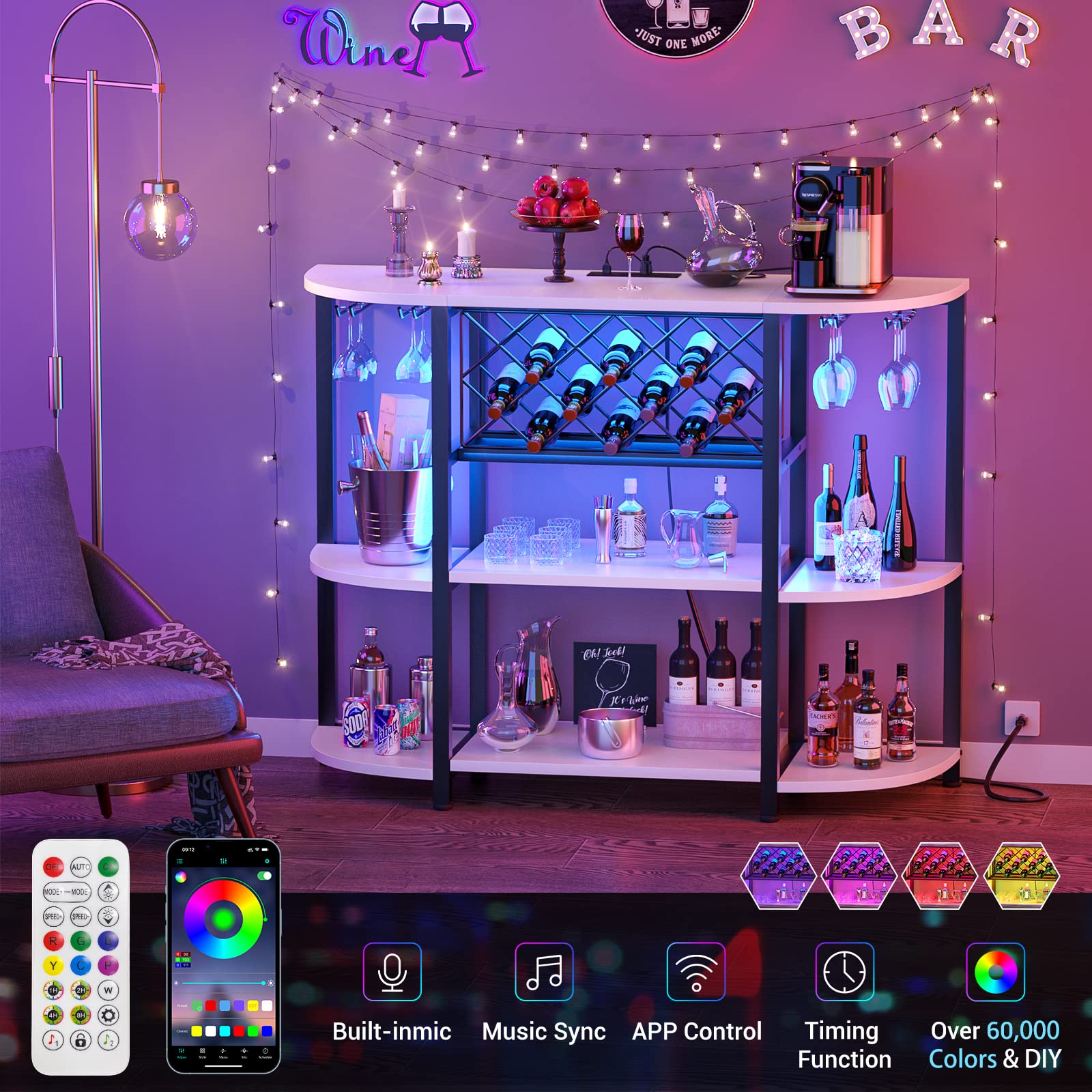 Wine Bar Cabinet with LED Light and Charging Station