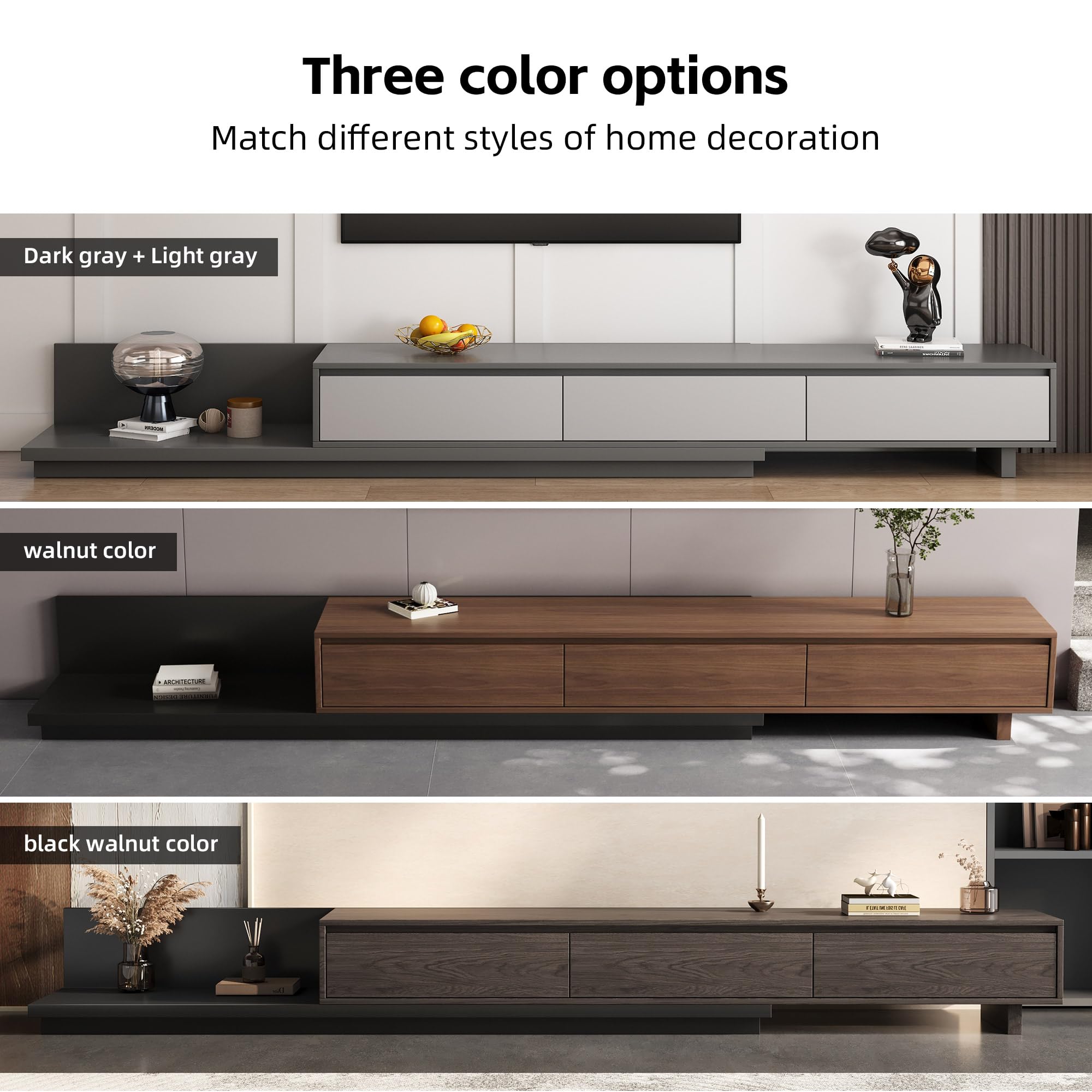 Expandable TV Stand with 3 Drawers Black Walnut