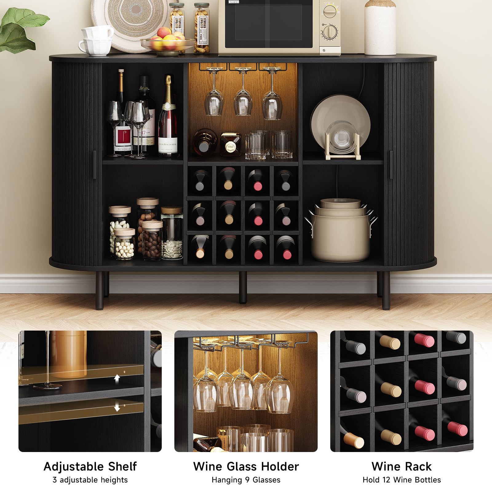 55" Wine Bar Cabinet with LED Light and Storage