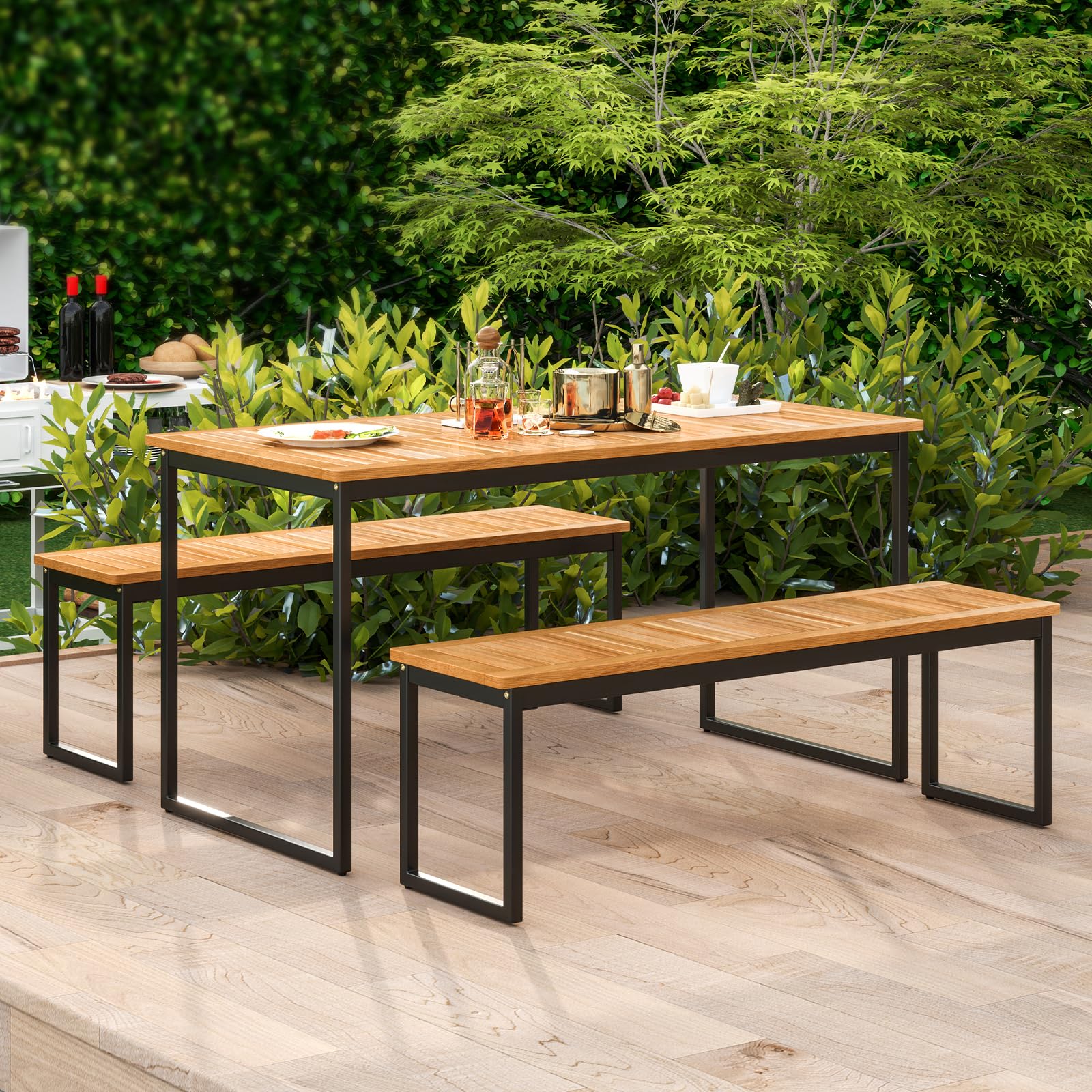 Acacia Wood Outdoor Dining Bench Set of 2 with Metal Legs