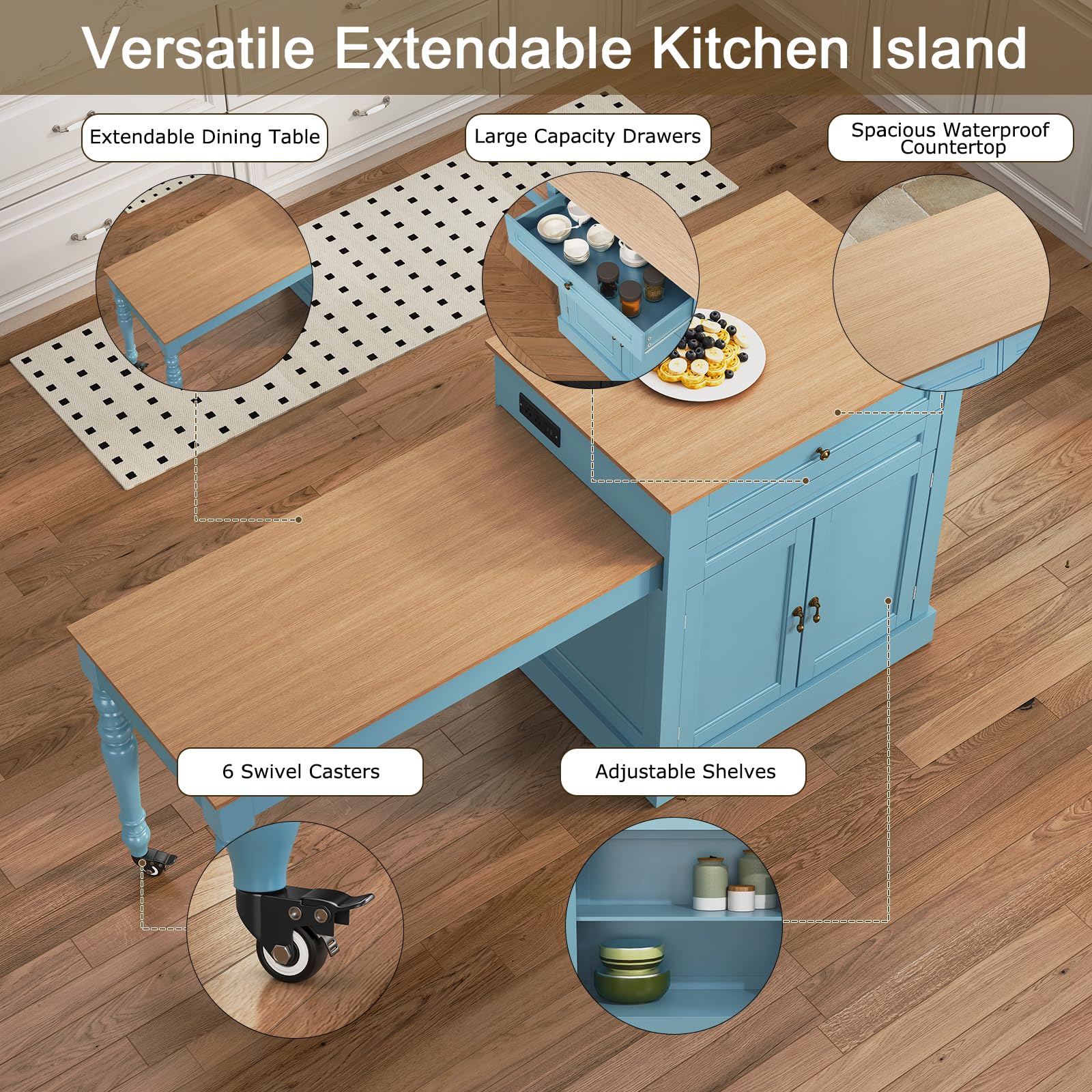 72" Extendable Kitchen Island with Power Outlet and Storage