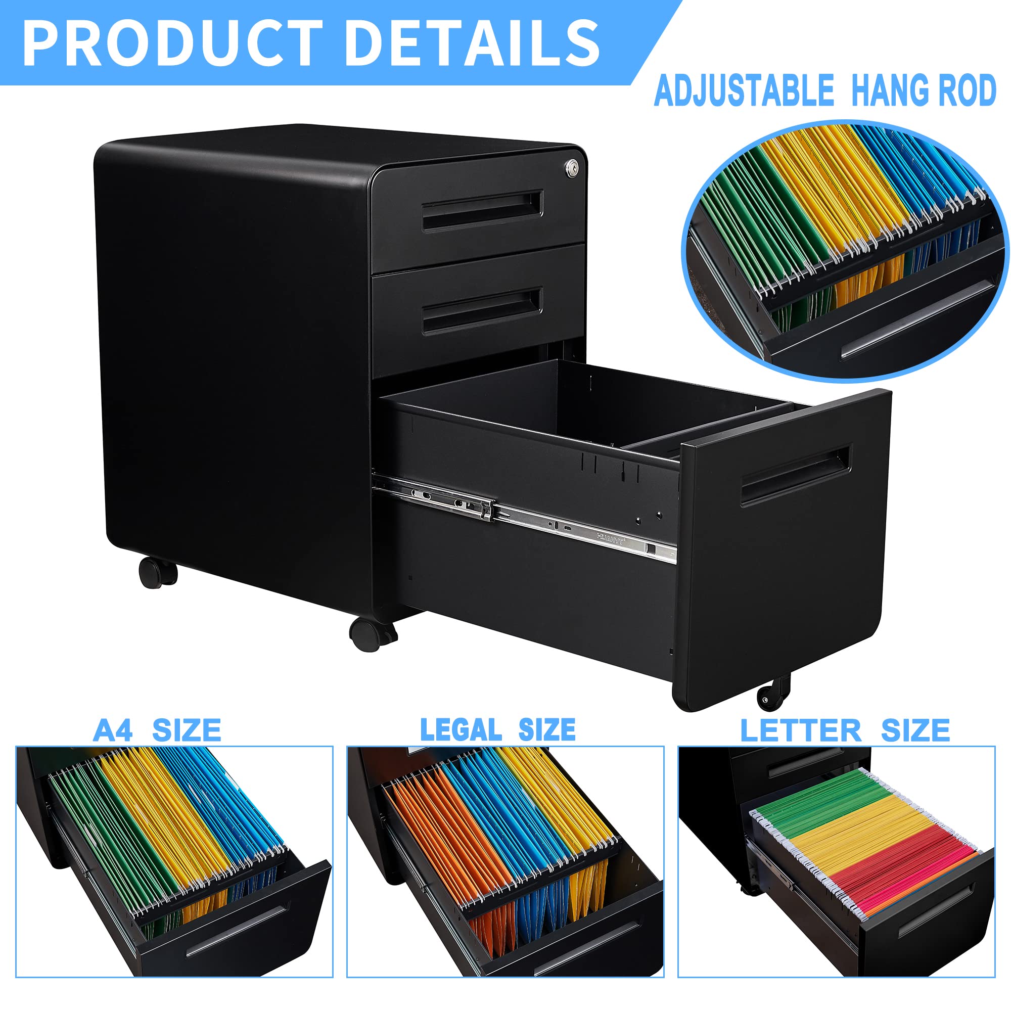 Letaya File Cabinet, 3 Drawer Filing Cabinets for Home Office with Lock Mobile Under Desk Fully Assembled Cabinet (Black)