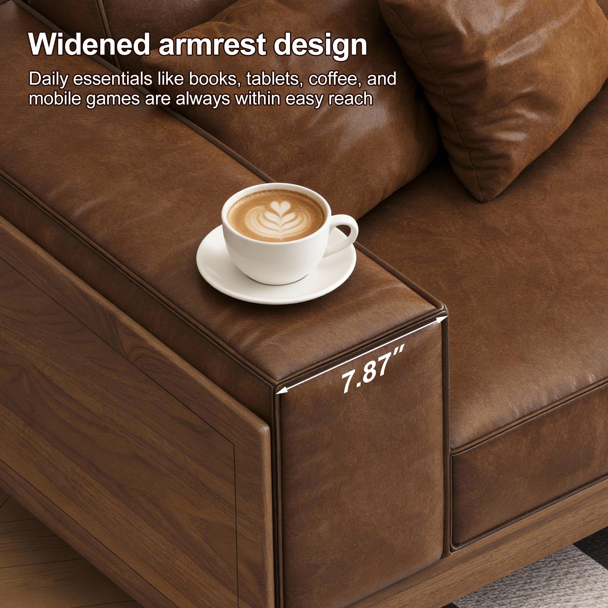 Brown Leather Sofa 3-Seater with Wood Frame