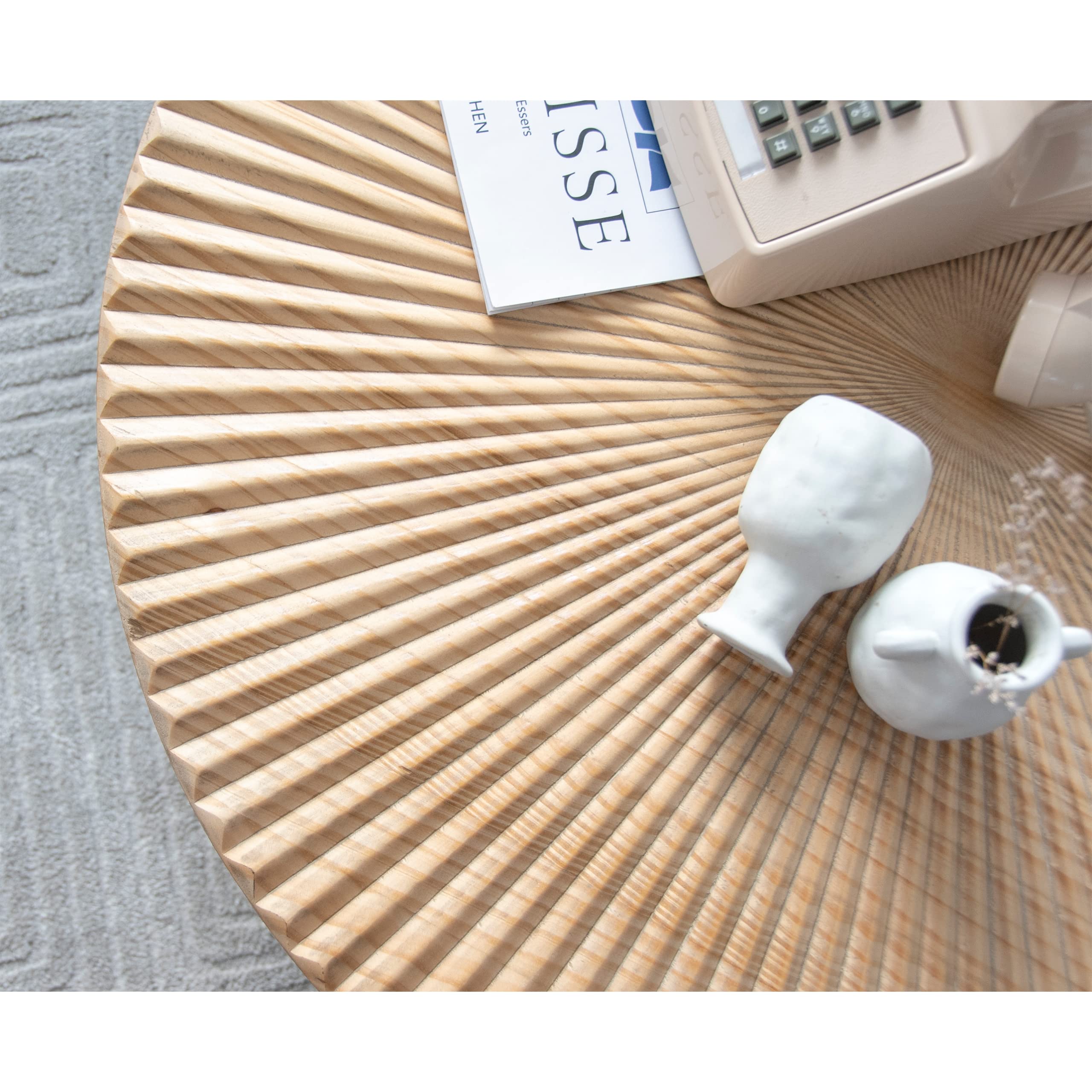 2-Piece Round Nesting Coffee Table Set with Wood Radial Pattern