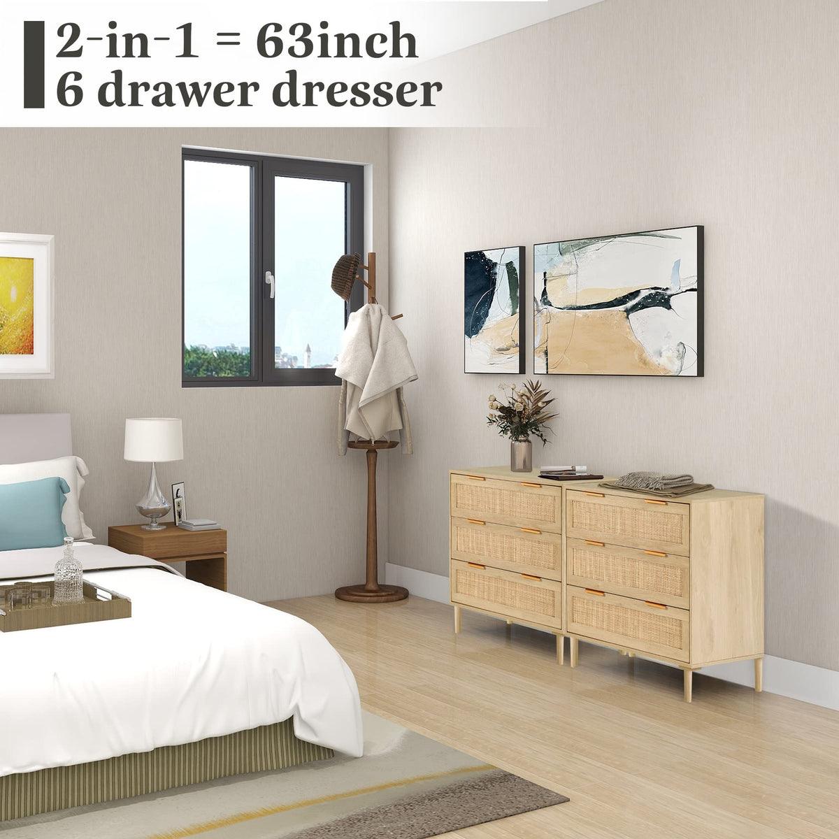 3 Drawer Rattan Dresser with Wood Oak Storage