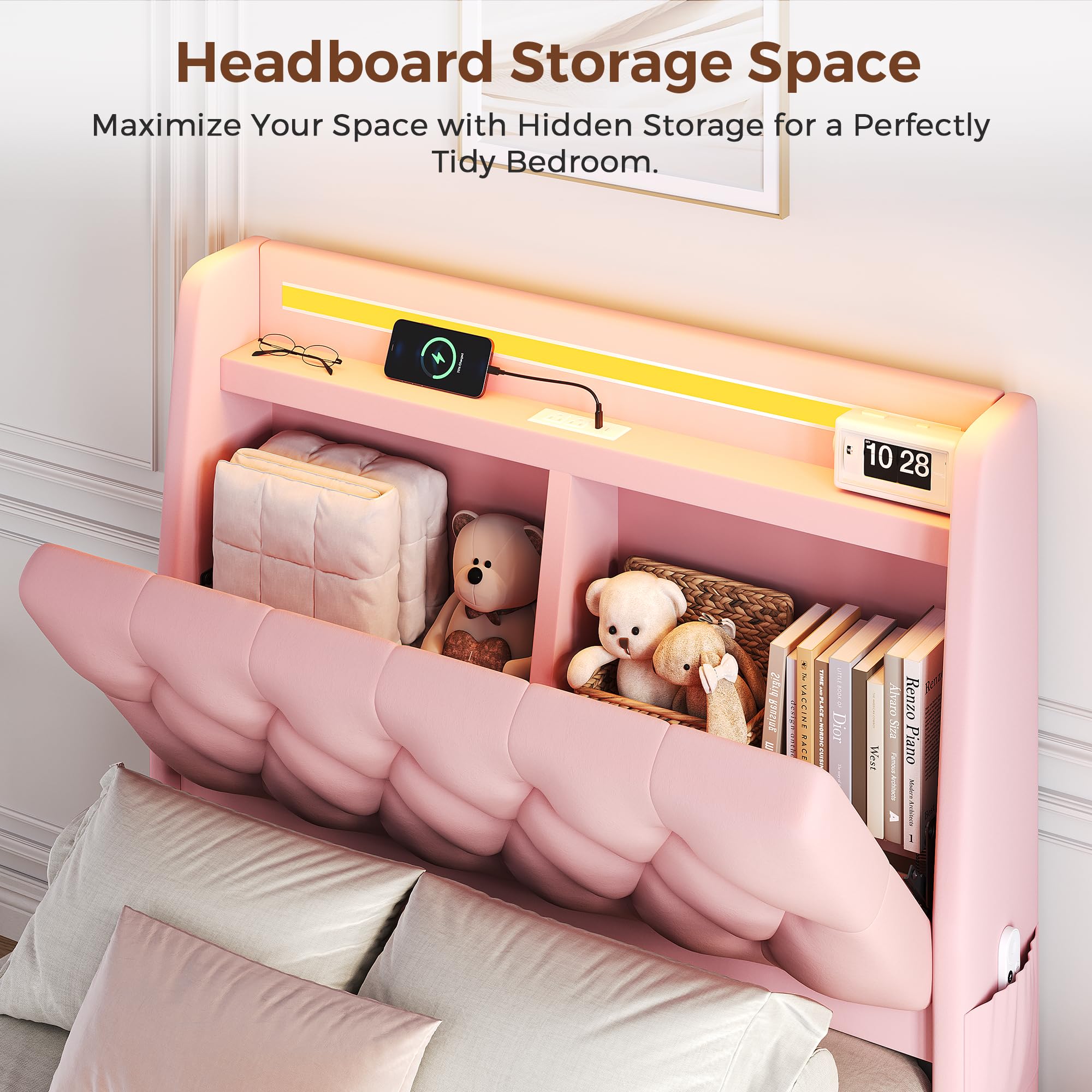 Twin LED Velvet Bed Frame with Storage Drawers and Charging Station