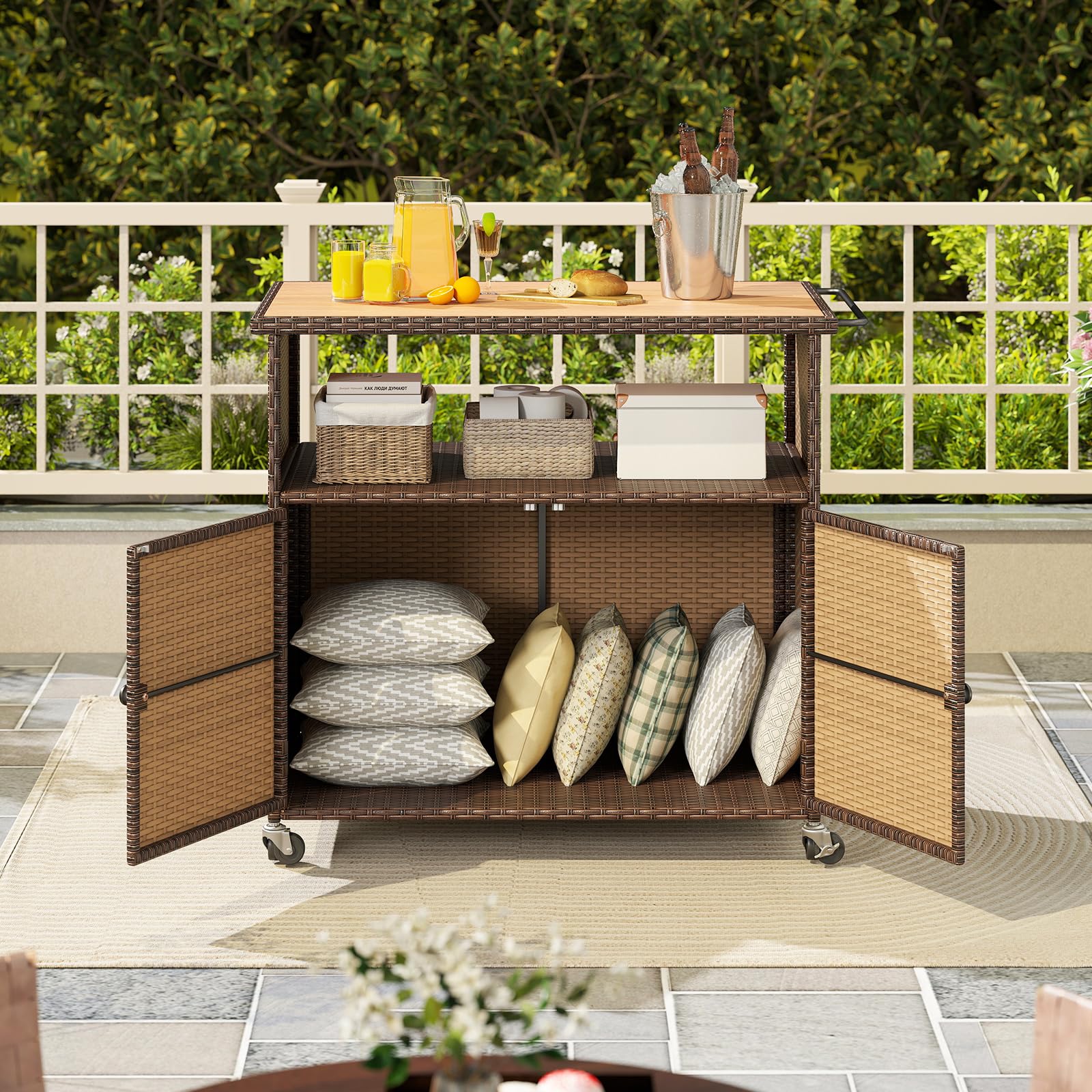 Rattan Outdoor Storage Cabinet with Acacia Wood Countertop