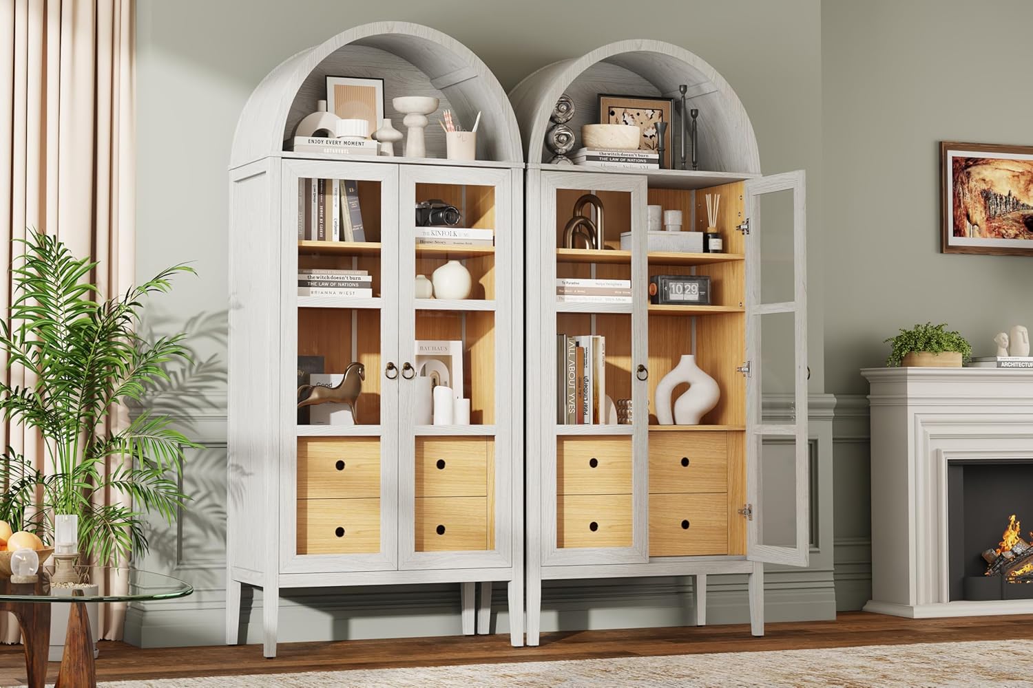 Tall Arched Storage Cabinet with Glass Doors