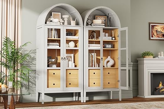 Tall Arched Storage Cabinet with Glass Doors