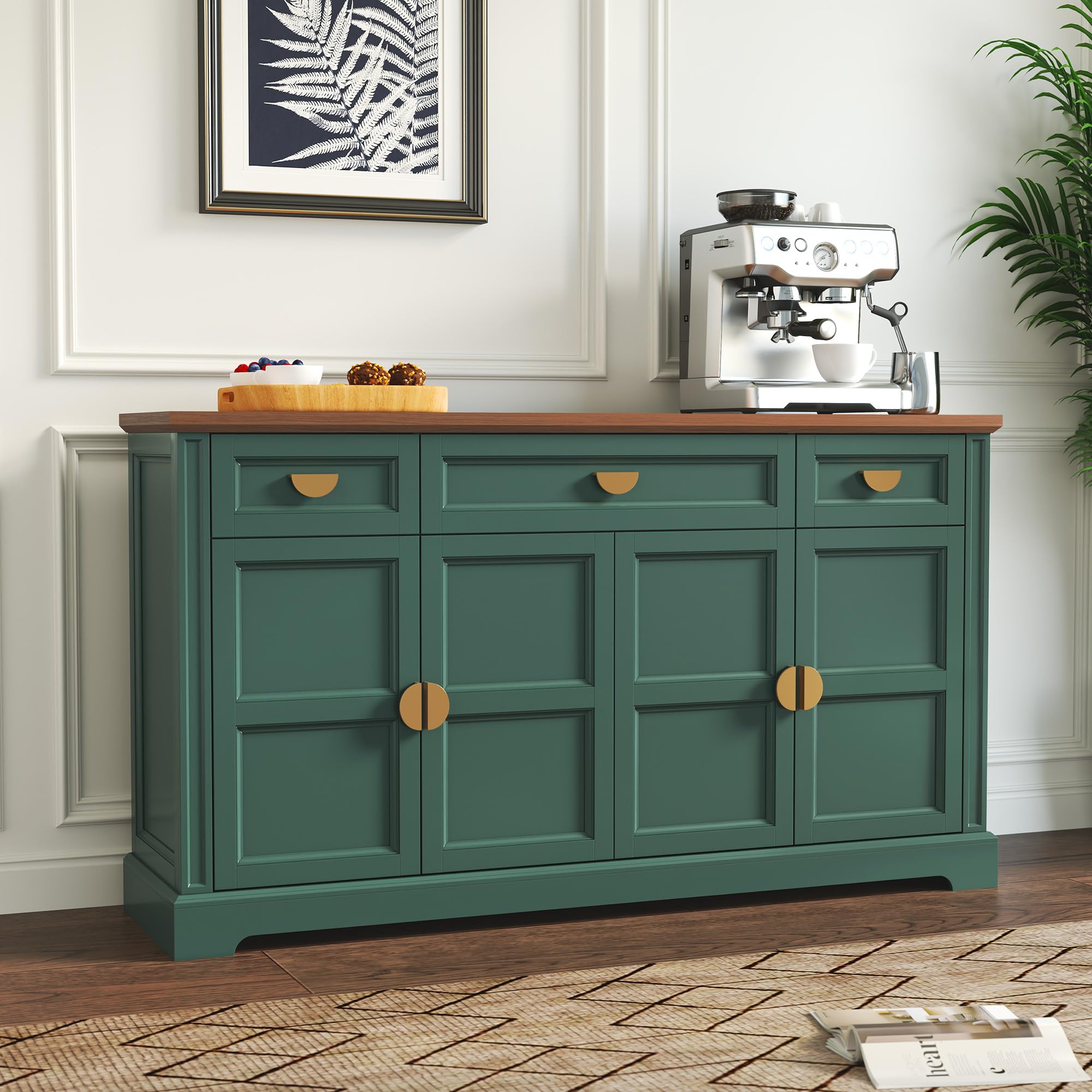 60" Shaker Buffet Sideboard Cabinet with 4 Doors and 3 Drawers