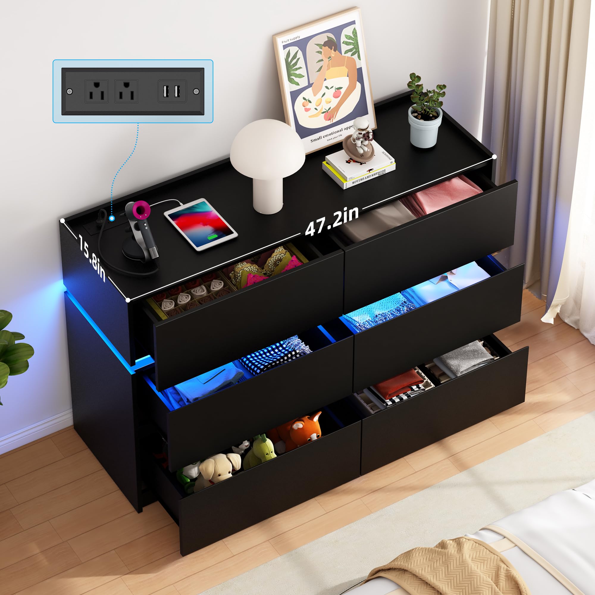 6 Drawer Dresser with Charging Station and LED Lights
