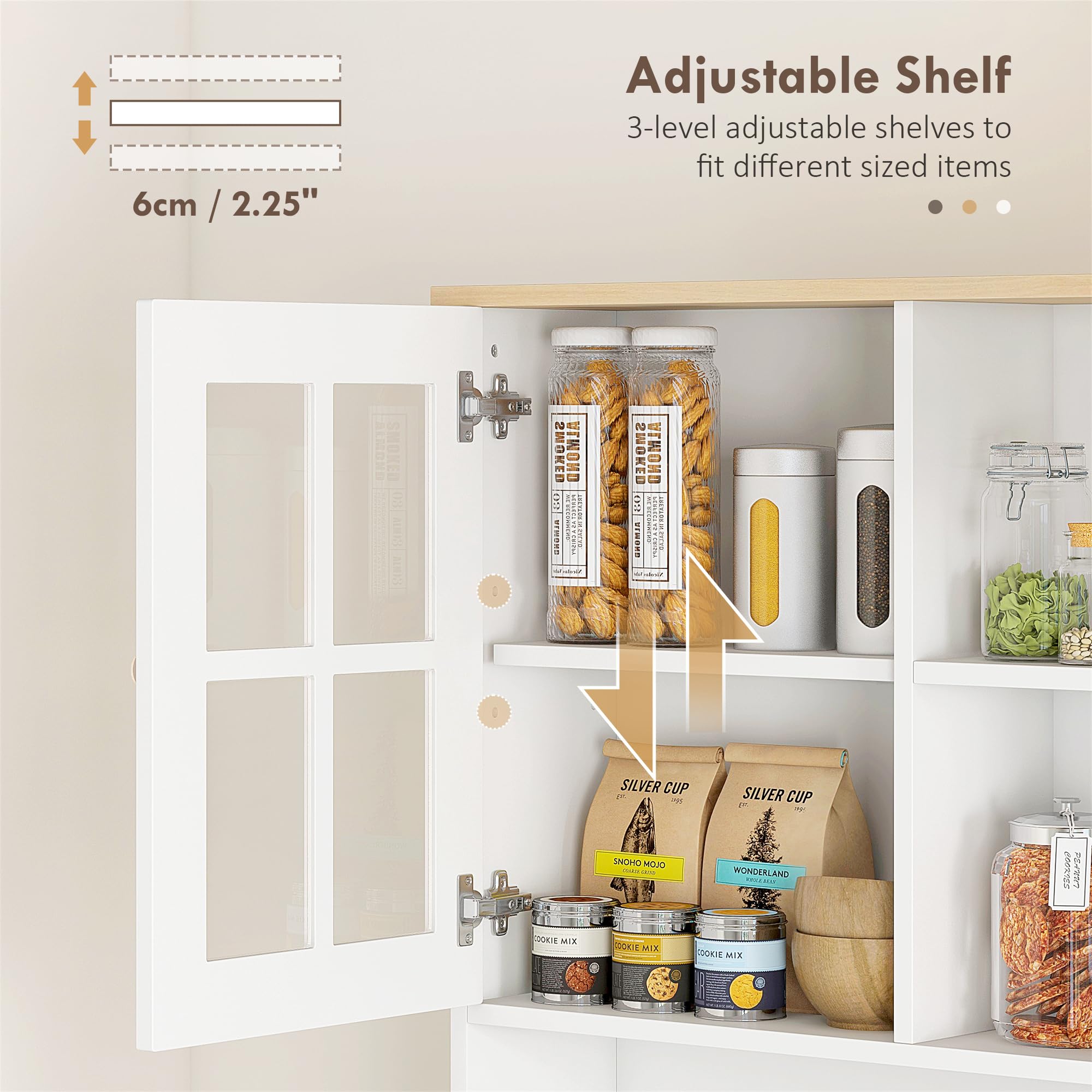 72" Kitchen Pantry Storage Cabinet with Glass Doors