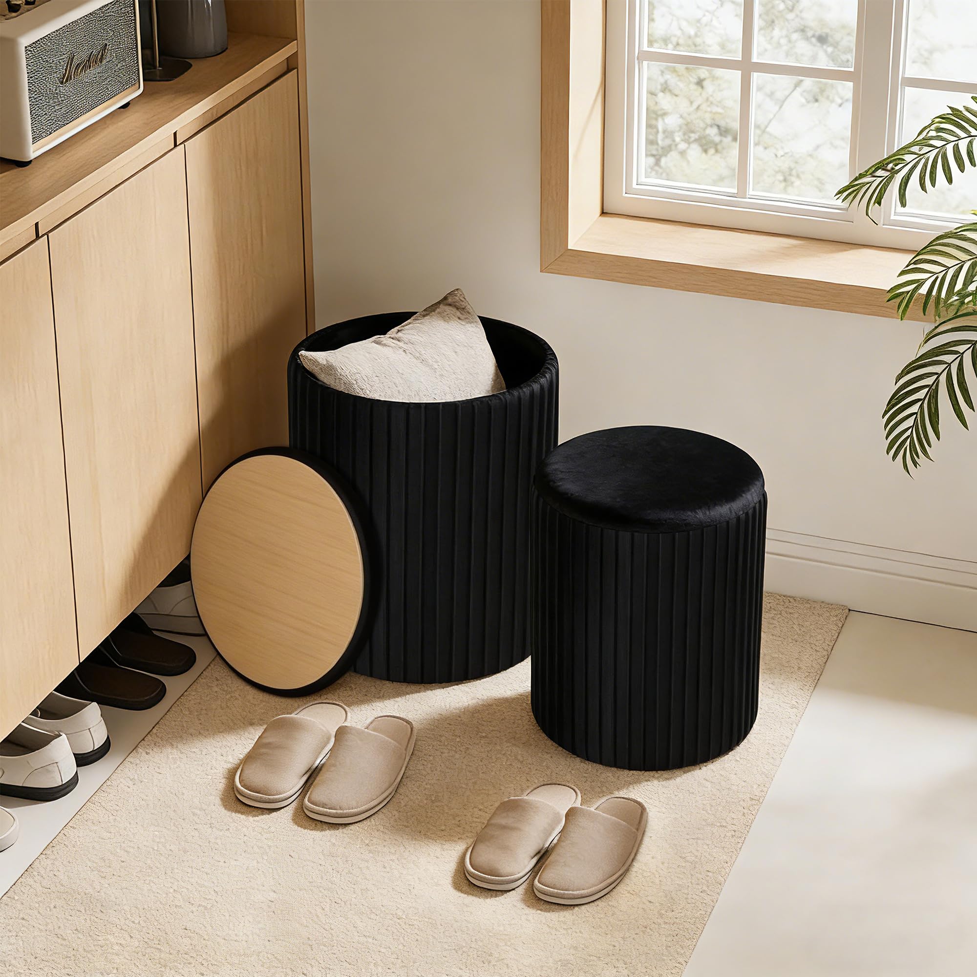 Round Ottoman Storage Set of 2 Black Velvet