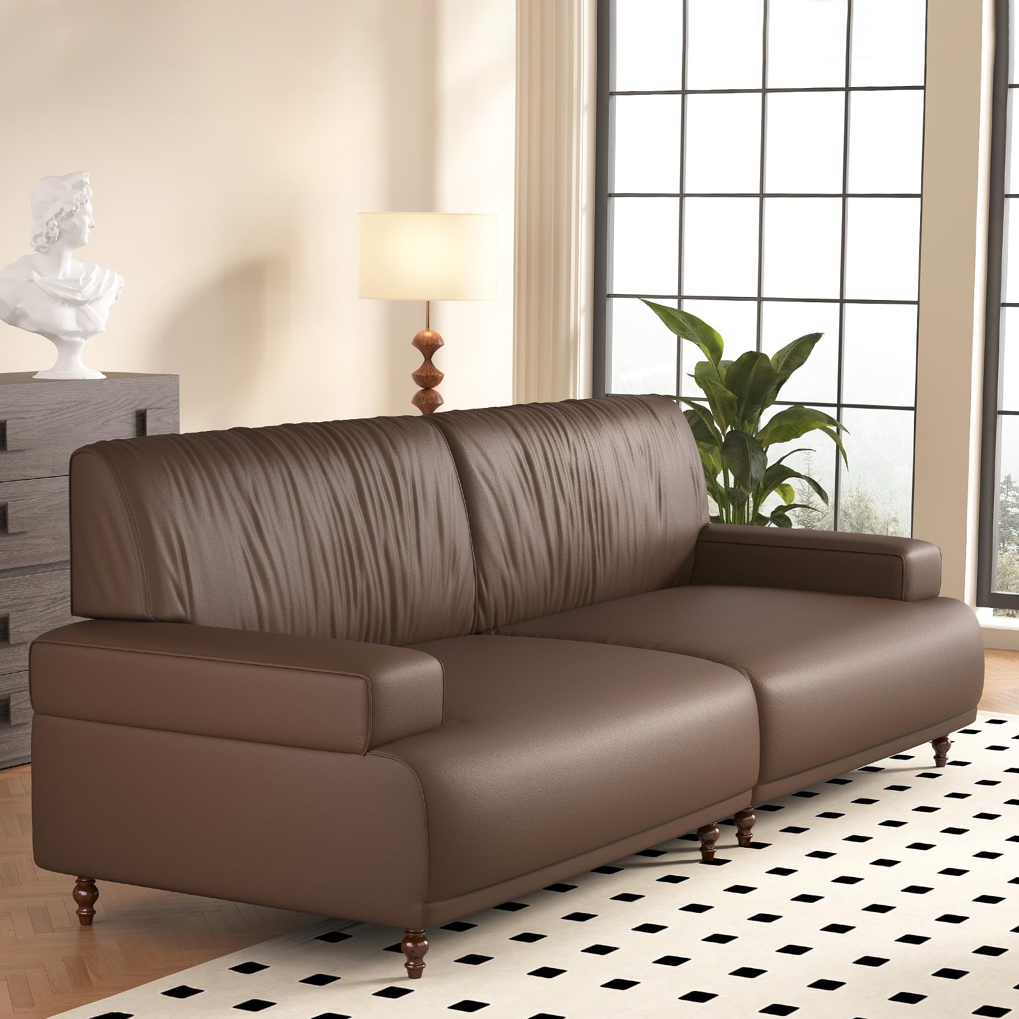 NessCarsti 86.41" Mid-Century Modern Leather 3-Seater Couch, Comfortable Sofa with Solid Wood Legs and Frame, for Living Room, Bedroom, Apartment, and Office,Brown
