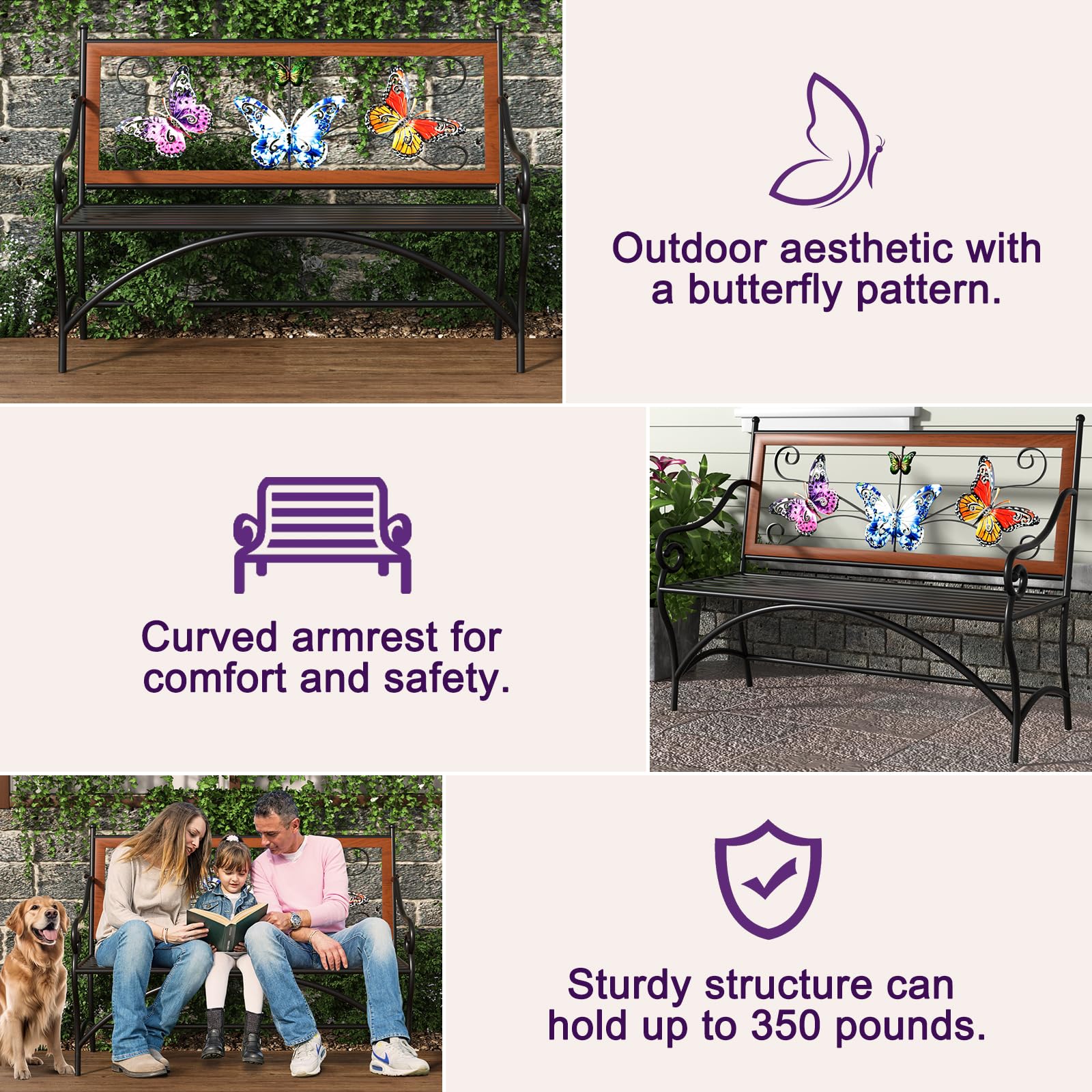 Outdoor Garden Bench with Butterfly Pattern Backrest