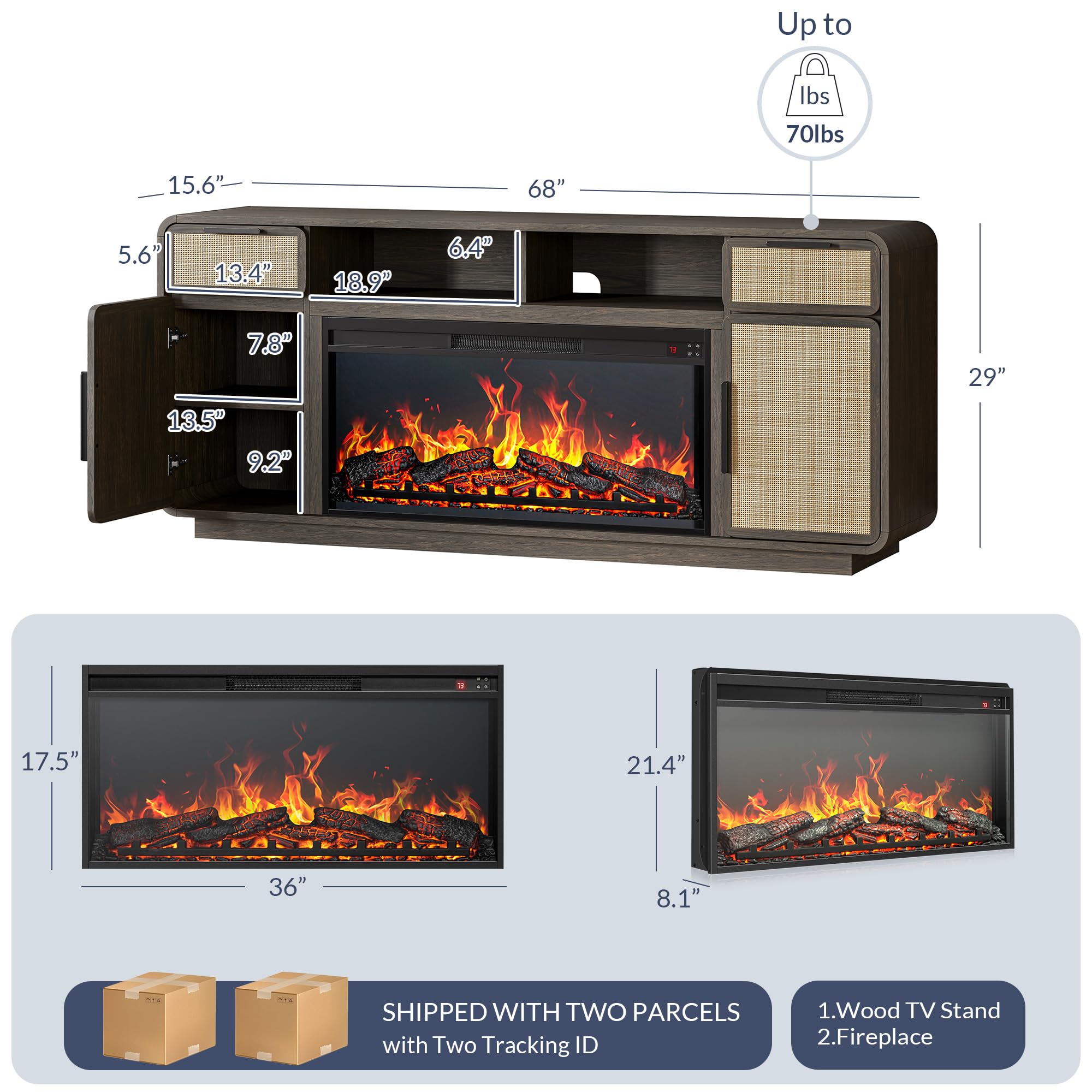 68" Fireplace TV Stand with Electric Heater