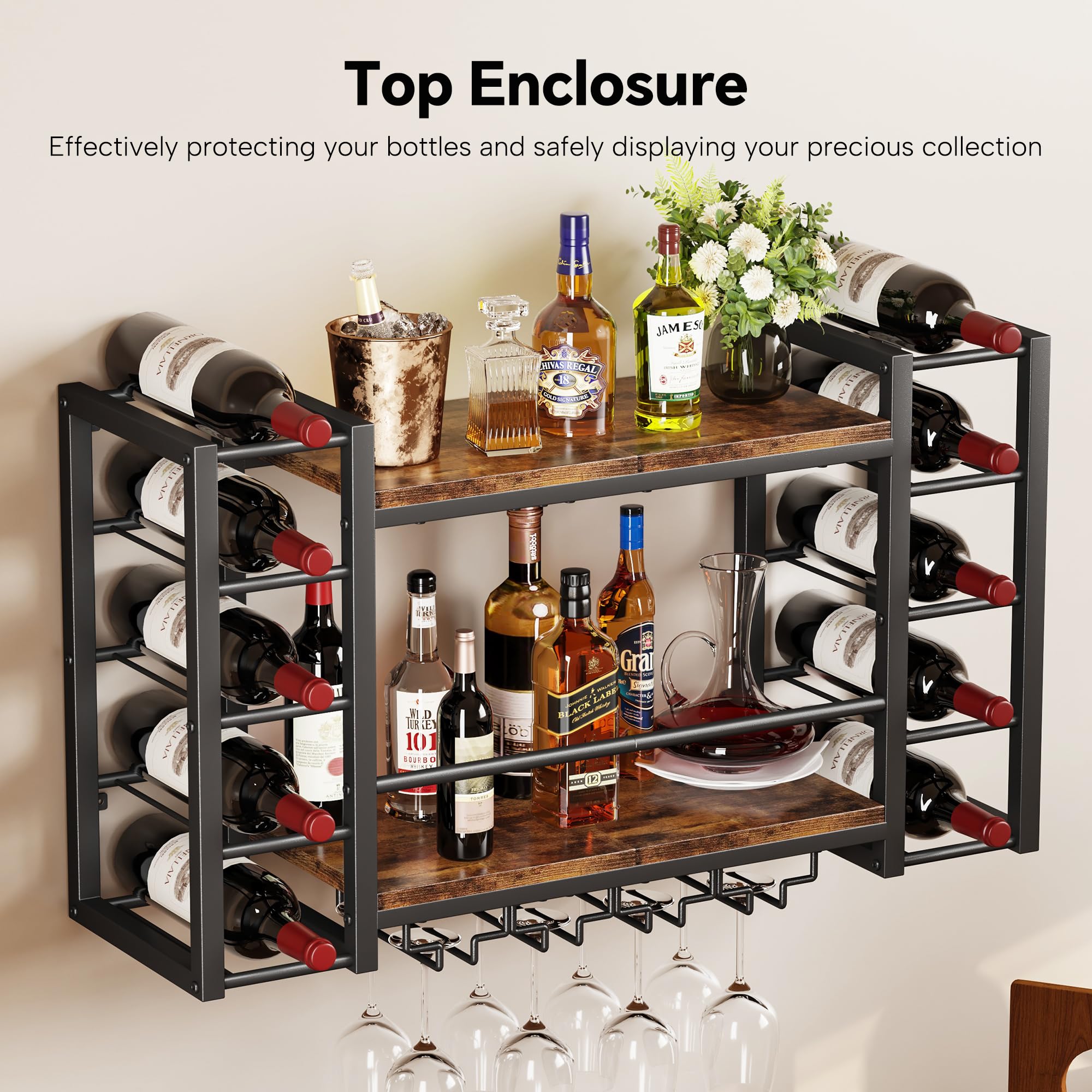 Wall Mounted Wine Rack for 10 Bottles with Top Enclosure