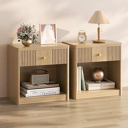 Fluted Nightstand Set of 2 with Drawer and Storage