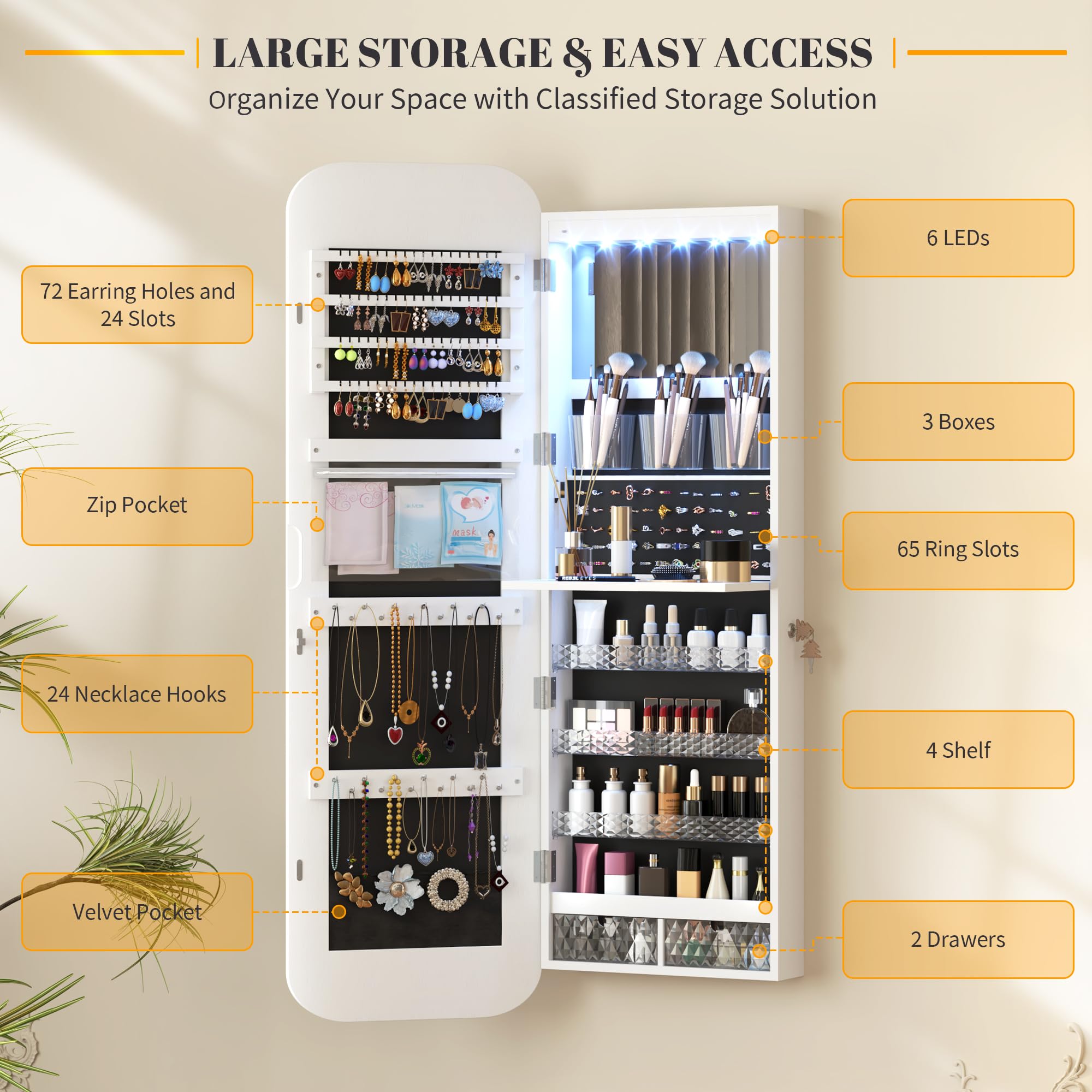 47.2" LED Mirror Jewelry Cabinet Wall Mounted