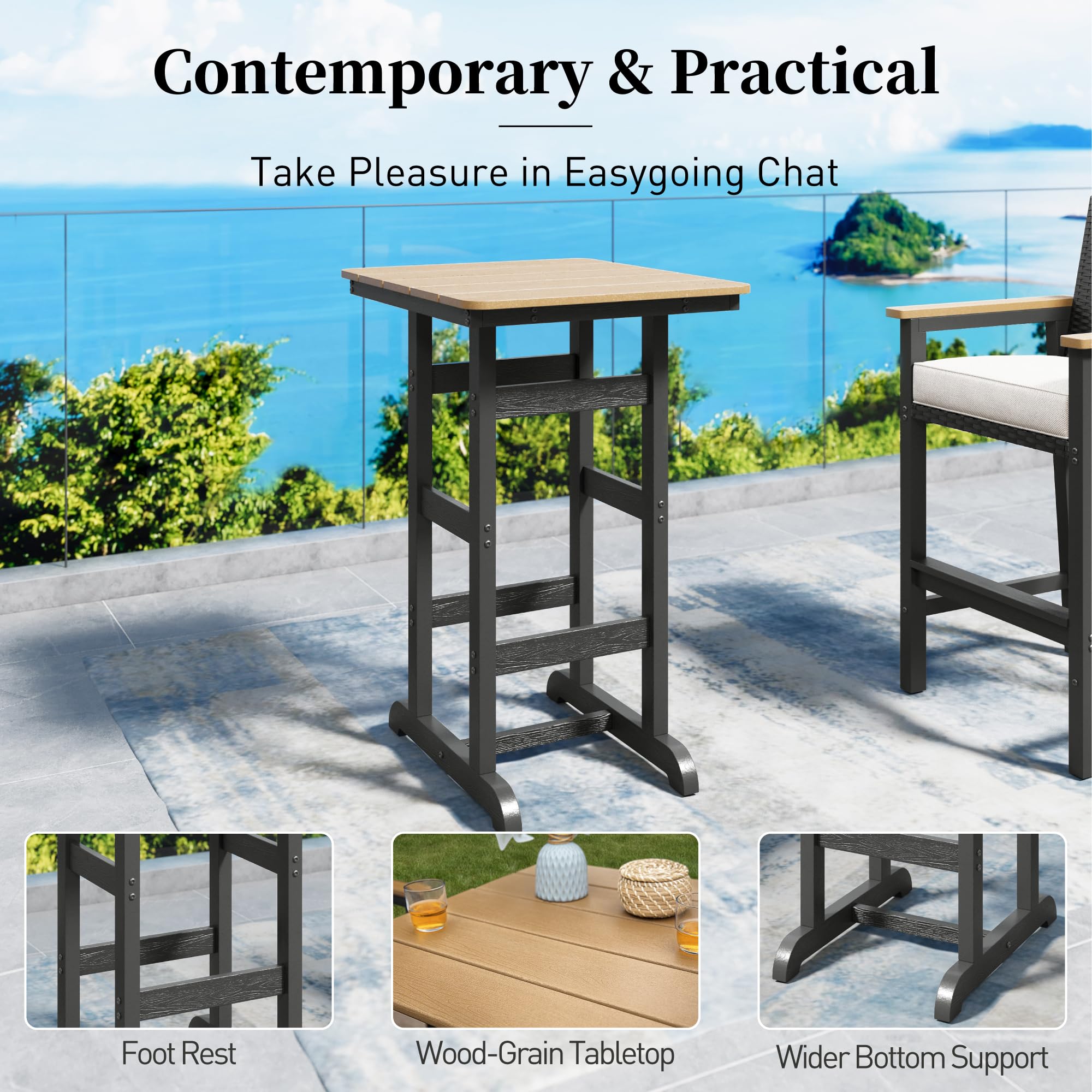 3-Piece Outdoor Bar Set with Cushioned Wicker Chairs