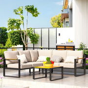 Aluminum Patio Furniture Set L-Shaped Sectional with Teak Coffee Table