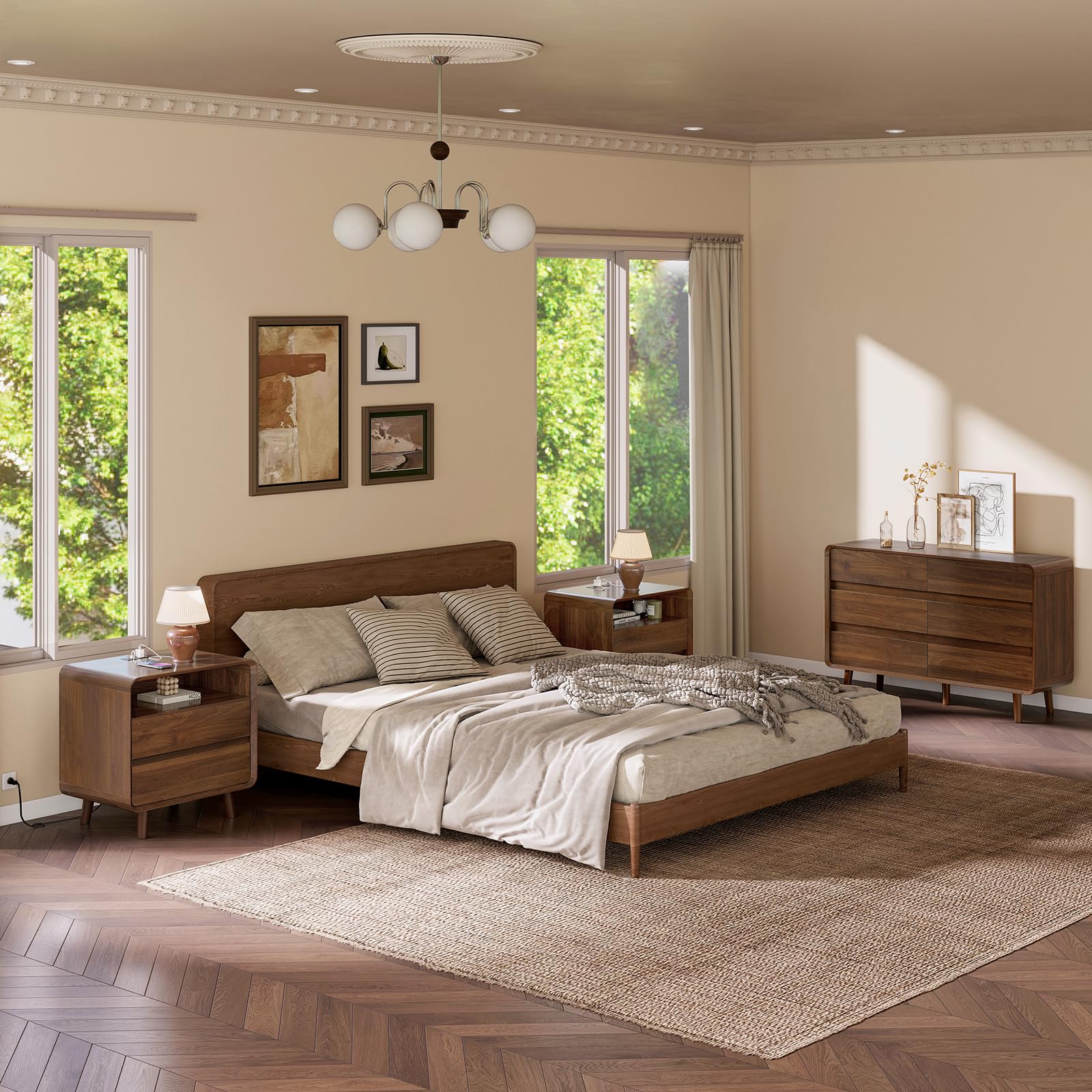 Nasonet Dresser and Nightstand Sets 3 Piece, 6 Drawer Dresser for Bedroom and Nightstands Set of 2, Wood Chest of Drawers Night Stand Mid Century Modern Bedroom Furniture Set, Walnut