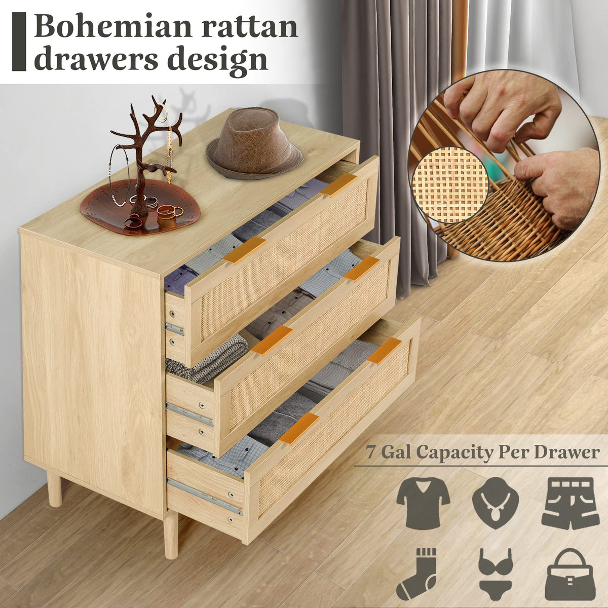 3 Drawer Rattan Dresser with Wood Oak Storage