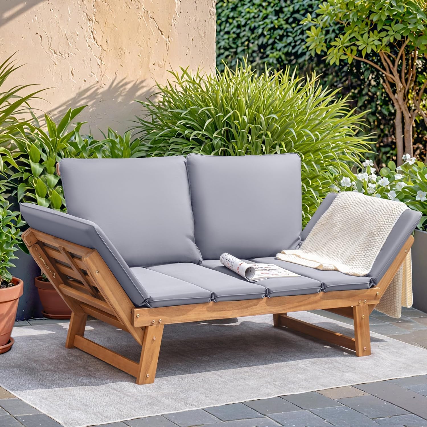Acacia Wood Outdoor Convertible Sofa with Adjustable Armrests