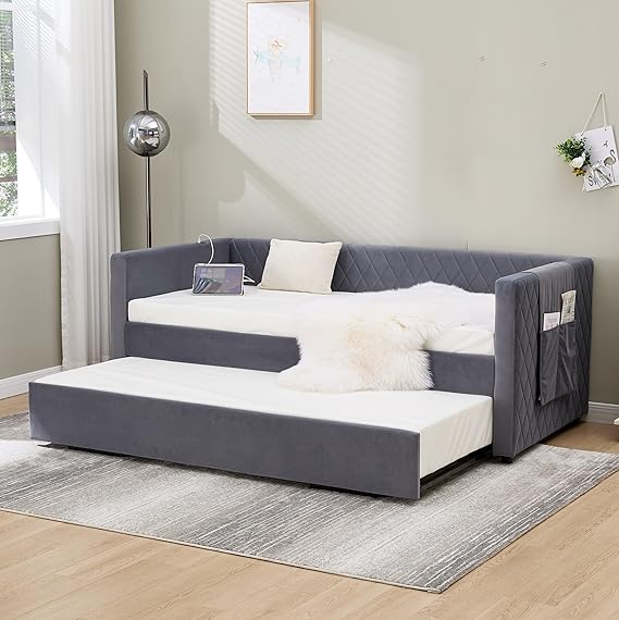 Twin Size Upholstered Daybed with Trundle and Charging Station