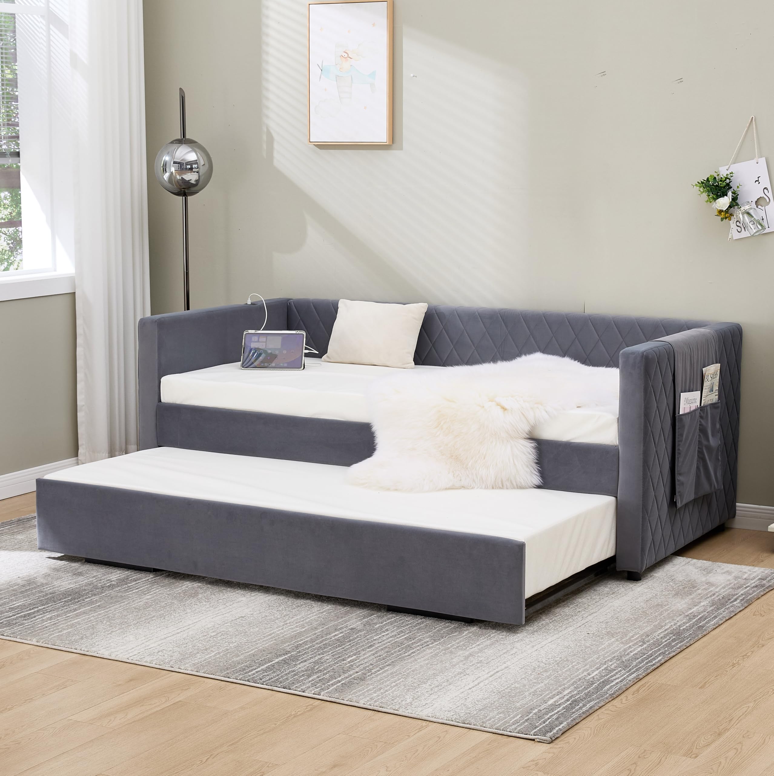Twin Size Upholstered Daybed with Trundle and Charging Station