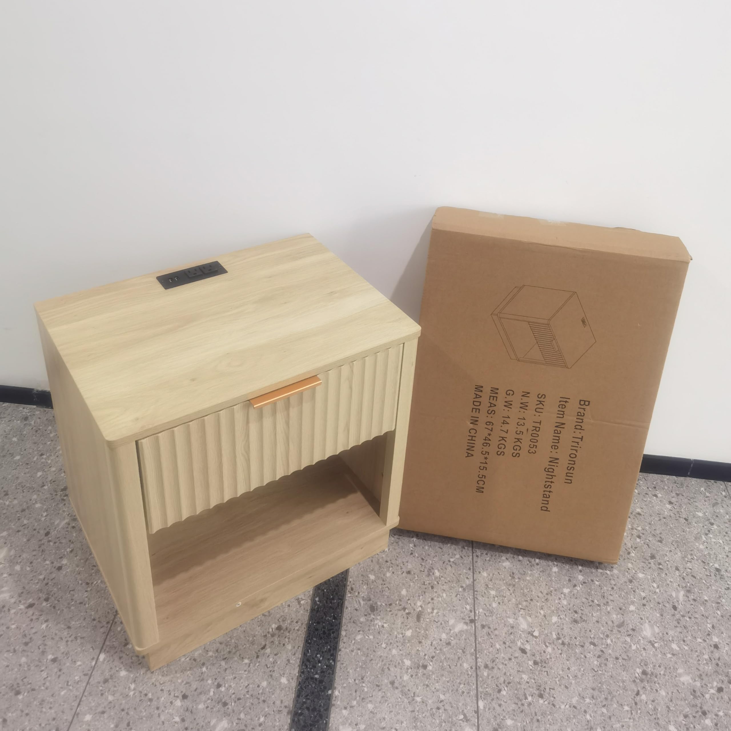 Trironsun Fluted Nightstand with Charging Station Modern Bedside Table with Drawer and Open Shelf Mid Century End Table with Storage for Bedroom Living Room Sofa Office