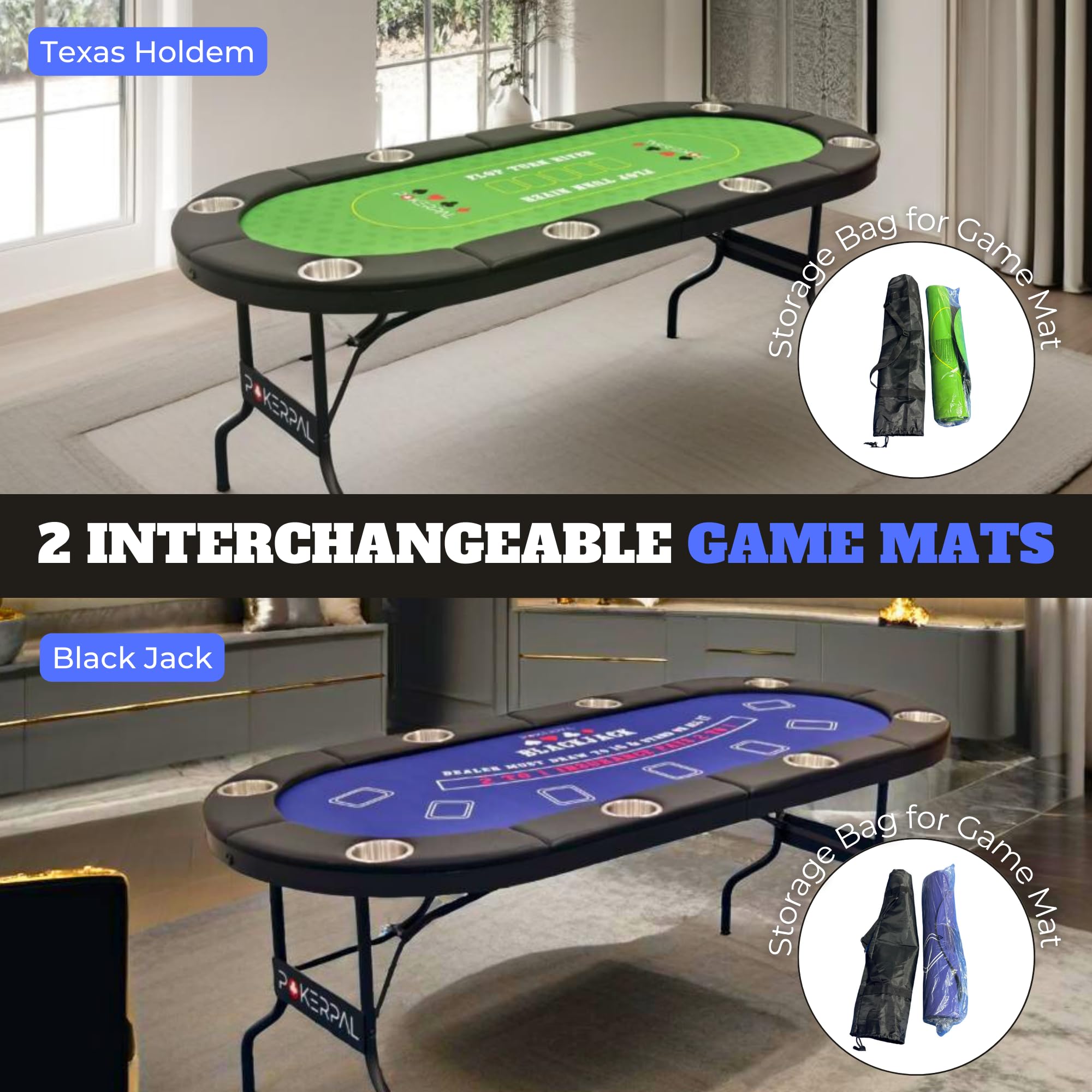 8 Player Poker Table with Interchangeable Game Mats